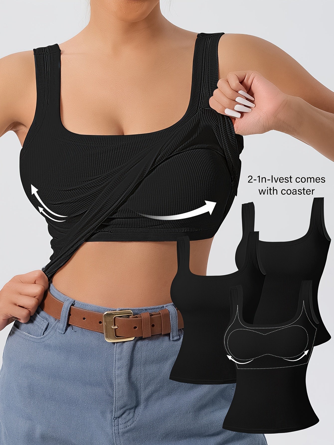 3-Pack Solid Color Super Slim Fit Tank Top - Classic Square Neck, Sleeveless, Versatile, and Easy to Pair - Pack of 3 for Endless Outfit Possibilities, Exclusively Designed for Women, Perfect for Casual, Everyday Wear