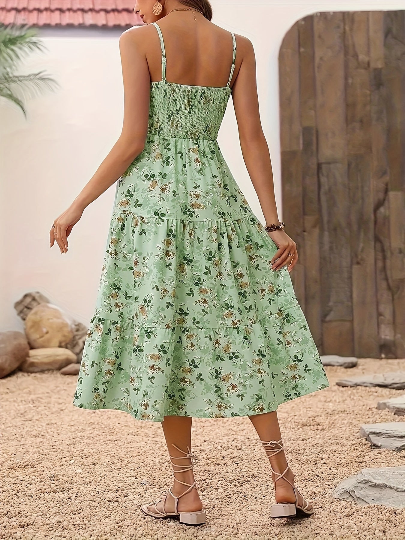 Flirty Floral Print Shirred Maxi Dress - Adjustable Spaghetti Straps, Lightweight Summer Wear for Beach Vacations - Feminine Elastic Shirring, Perfect Womens Casual Clothing for a Stylish Getaway