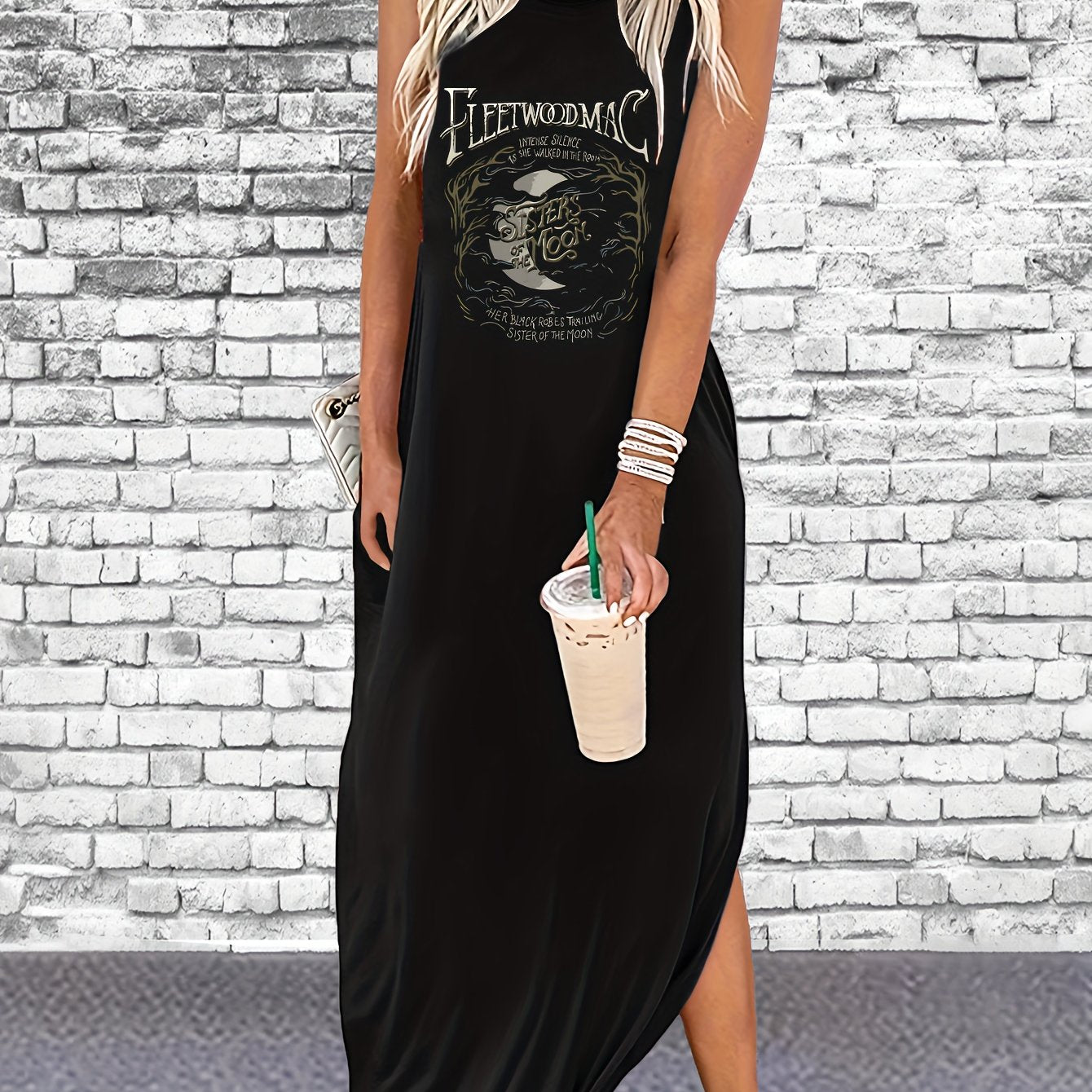 Fleet Wood Mac Print Sleeveless Tee Dress, Casual Tank Dress For Spring & Summer, Women's Clothing