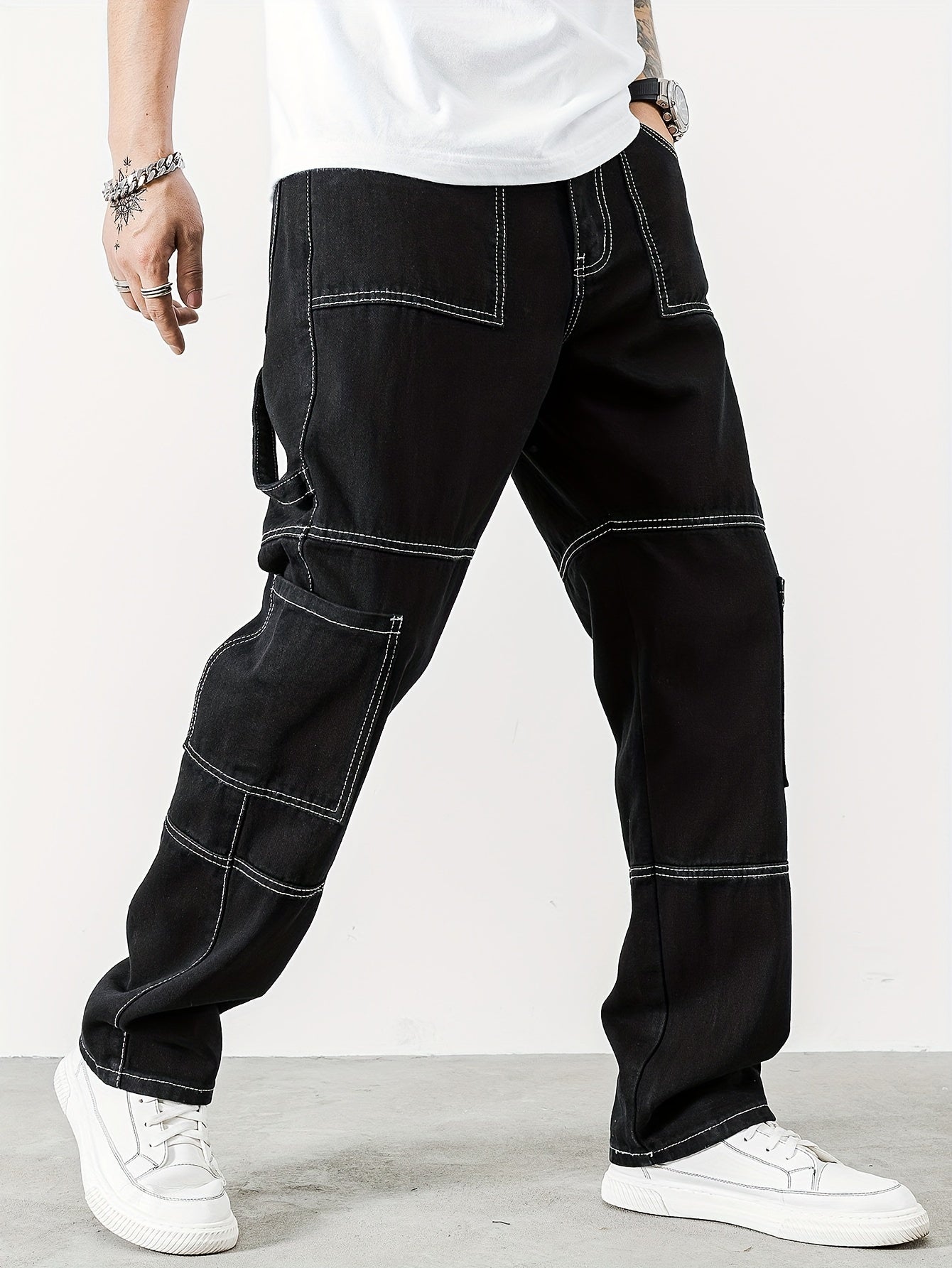 Mens Casual Cargo Pants with Spacious Pockets - Comfortable Straight Leg, Loose Fit Denim Style - Perfect for Outdoor Adventures, Trendy K-pop Inspired
