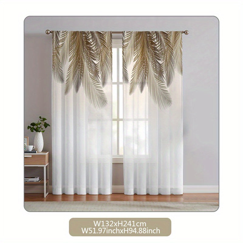 2pcs Yellow Feather Pattern Curtain, Rod Pocket Window Treatment For Bedroom Office Kitchen Living Room Study Home Decor