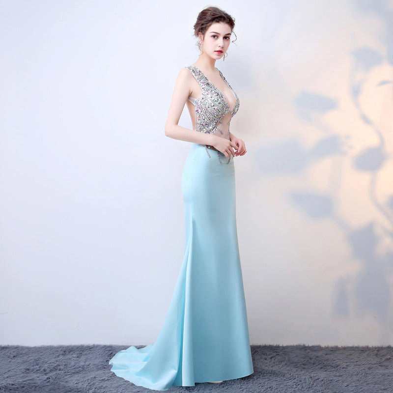 LOVECCR Quality Women's Spring Clothing Rhinestone 145 Normal Sleeveless Deep V-neck Evening Dress Agent to Join