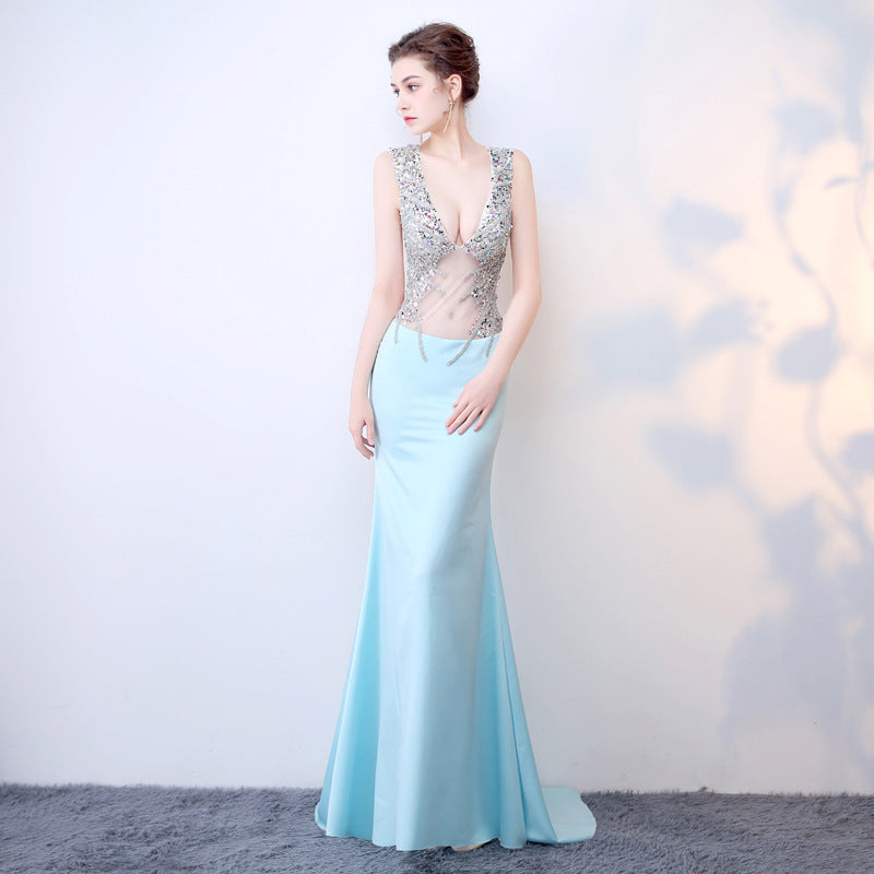 LOVECCR Quality Women's Spring Clothing Rhinestone 145 Normal Sleeveless Deep V-neck Evening Dress Agent to Join