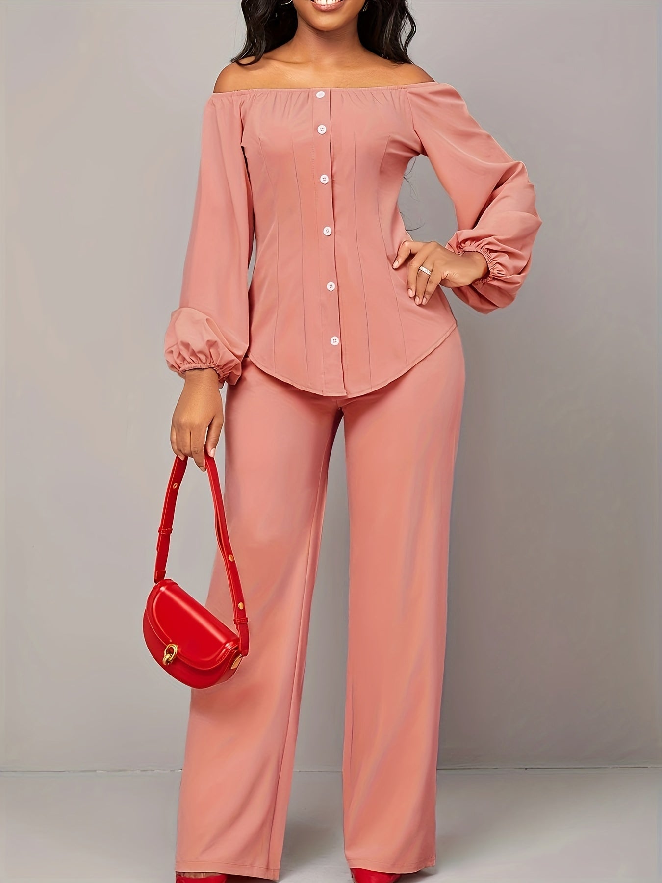 Chic Off-Shoulder Lantern Sleeve Top & Straight Leg Pants Set - Casual Elegance for Modern Women