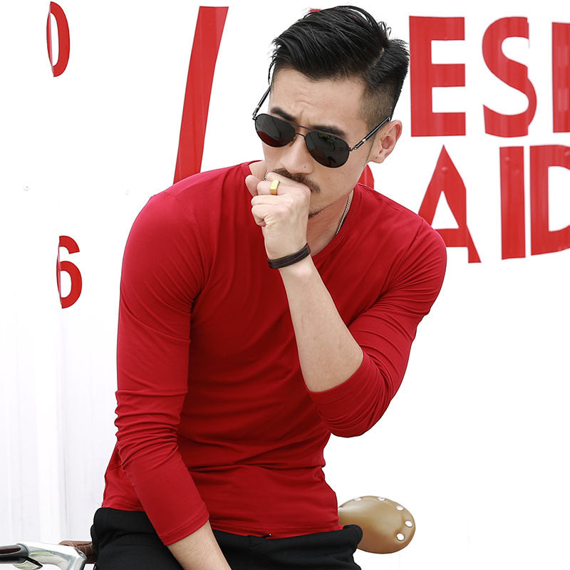 Men's Long-Sleeved Solid Color T-shirt V-neck T-shirt Solid Color Men's Long-Sleeved T-shirt Spring and Autumn Leisure Bottoming Shirt One Piece Dropshipping