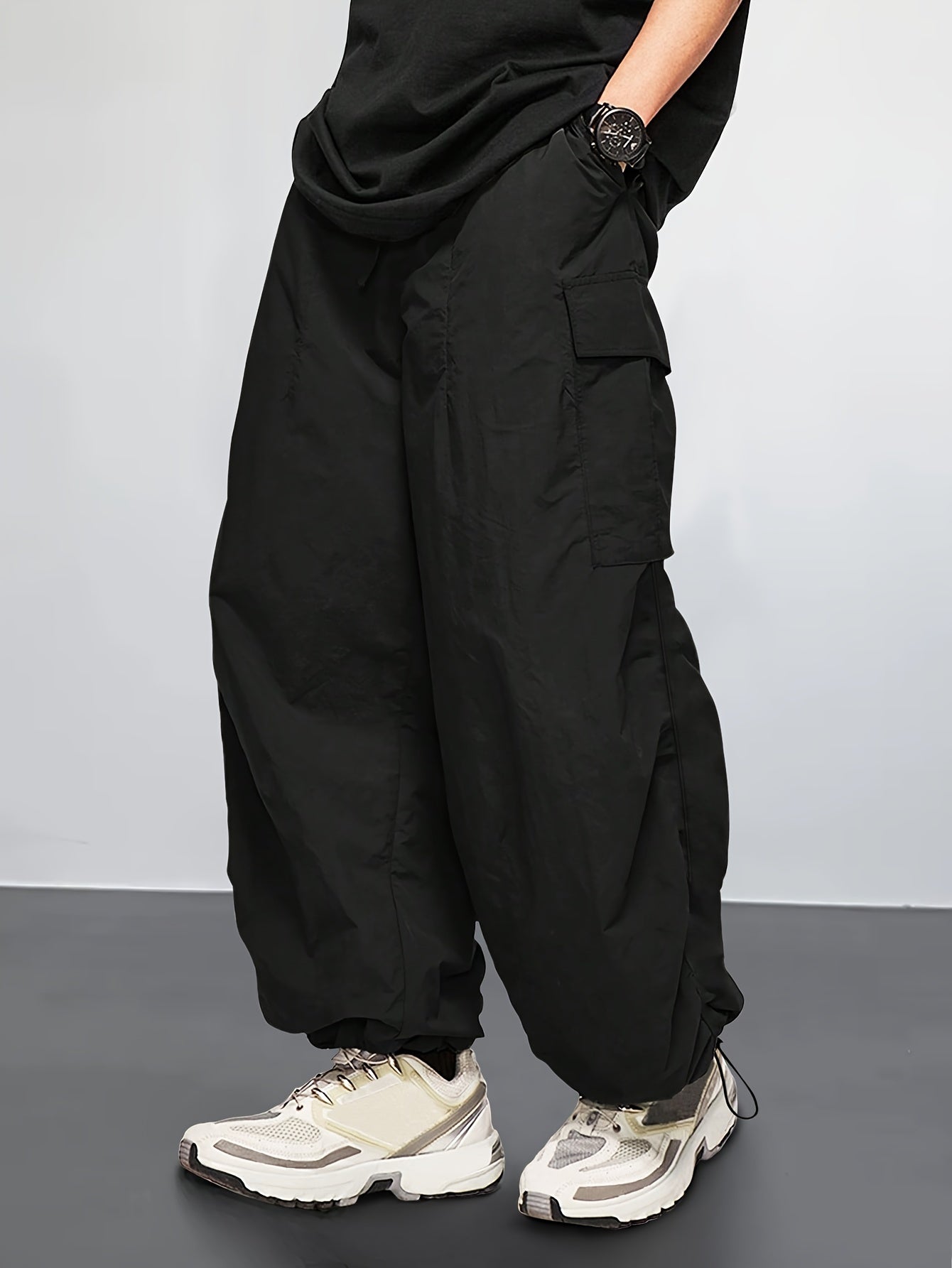 Rugged yet Stylish Mens Cargo Pants - Loose Fit, Solid Color with Flap Pockets & Adjustable Drawstring Hem - Ideal for Outdoor Adventures, Casual Wear & Street Style