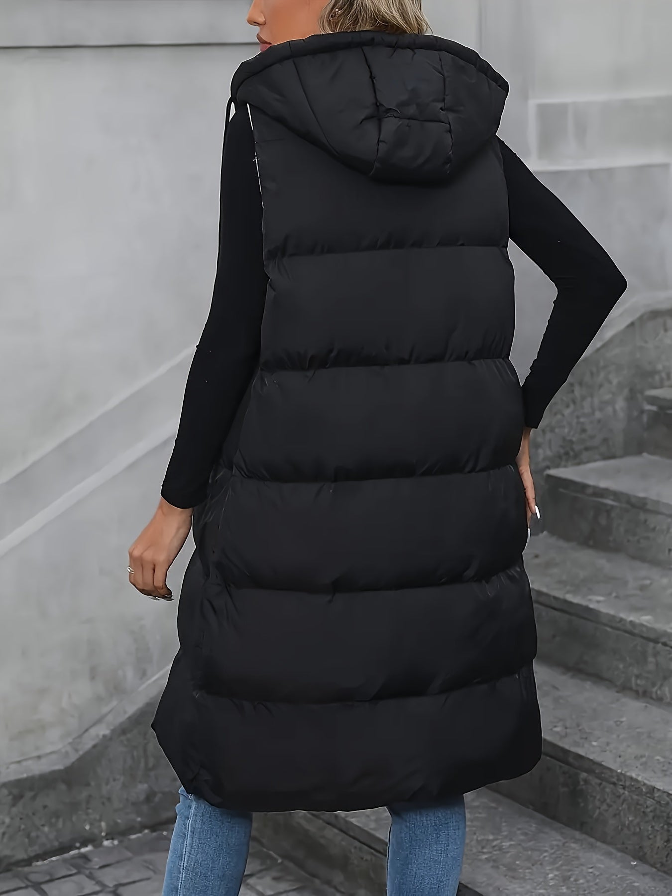Cozy Puffy Midi Vest - Warm, Sleeveless, Zip-up Hoodie with Slant Pockets for Fall & Winter - Women's Casual Clothing for Everyday Wear
