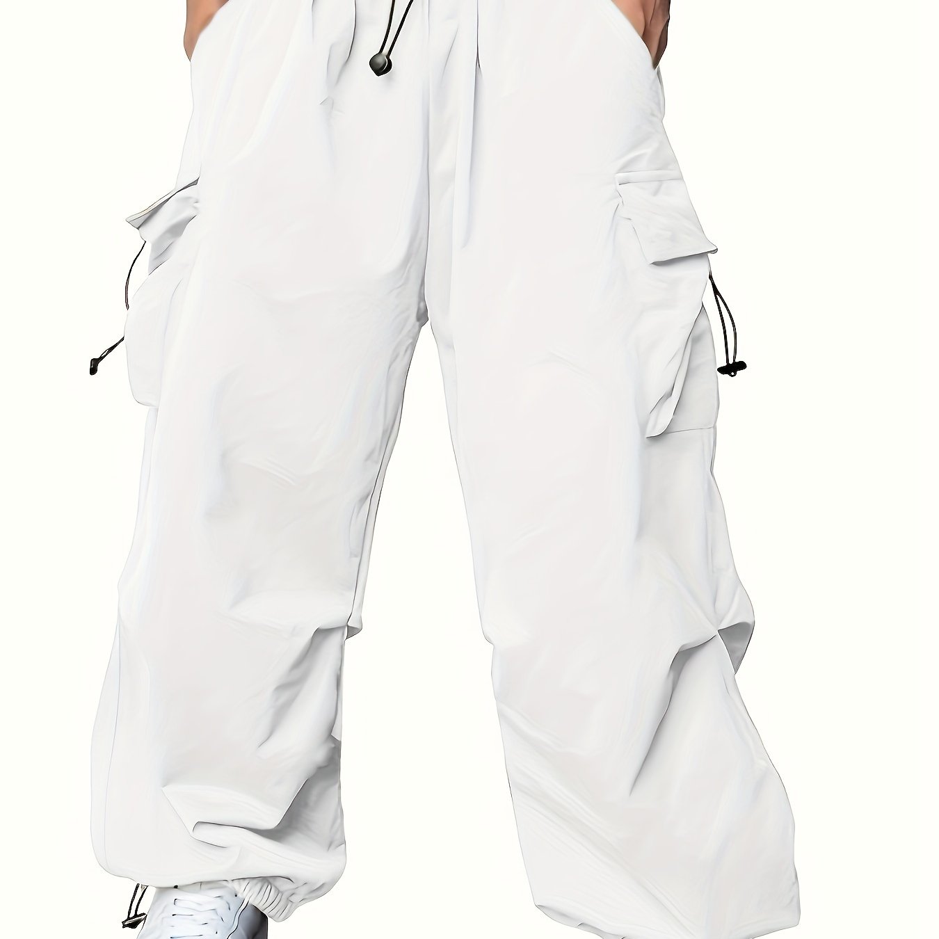 Men's Solid Color Baggy Cargo Pants With Drawstrings, Multi-pocket Casual Stylish Outdoor Trousers As Gift
