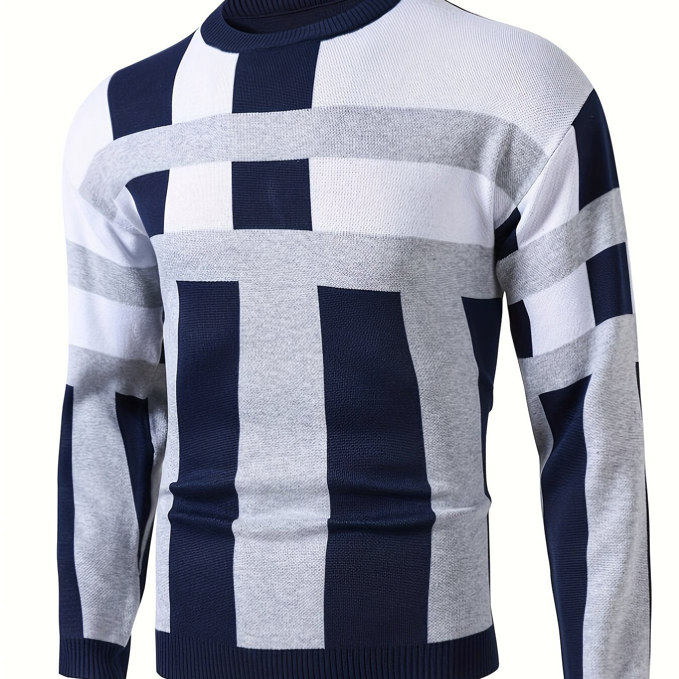 Mens Stylish Color Block Round Neck Stretch Sweater - Soft, Warm, and Trendy Pullover for Winter Outdoor Activities - Perfect for Casual Wear