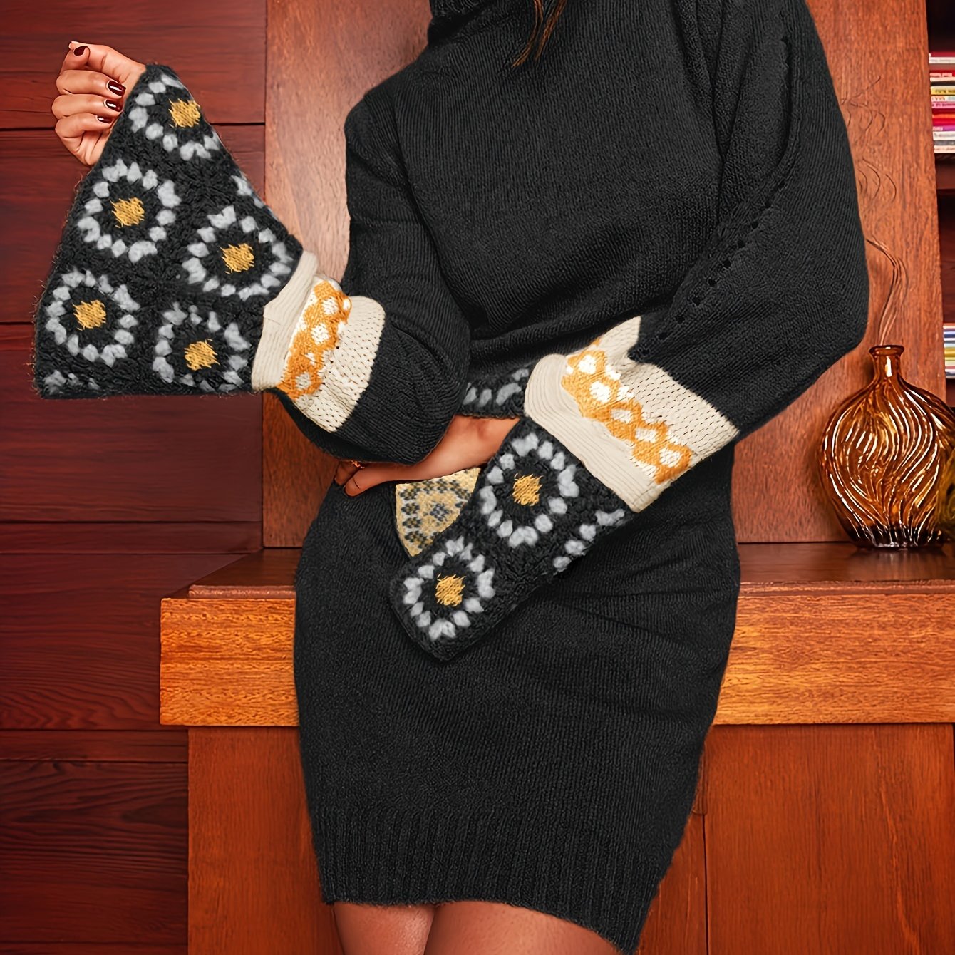 Bohemian Chic Patchwork Turtleneck Knitted Dress - Cozy Flared Cuff Long Sleeve Style - Trendy Womens Winter Wear