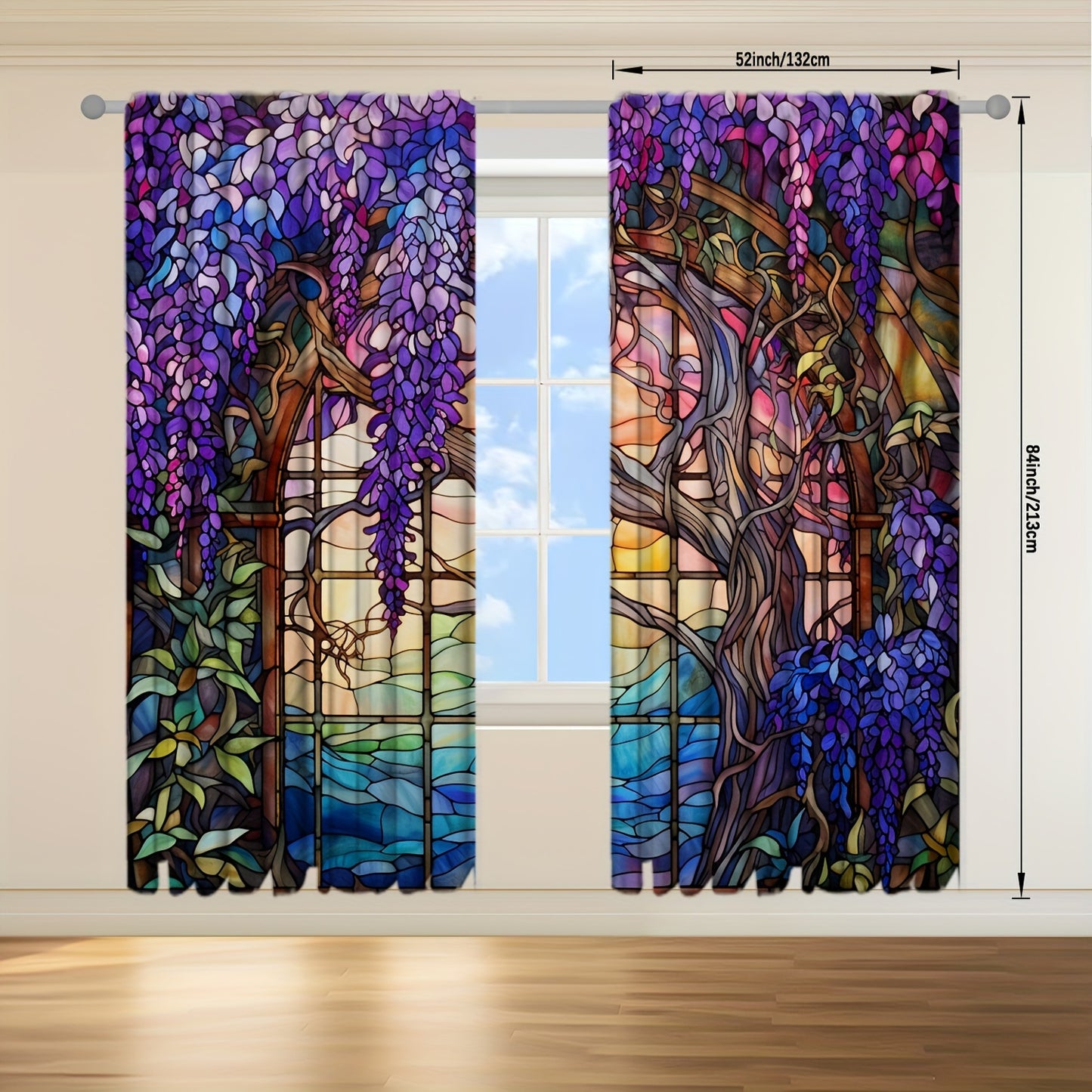 2pcs Stained Glass Flower Wisteria Printed Curtain For Home Decor Rod Pocket Window Treatment For Bedroom, Office, Kitchen, Living Room, And Study