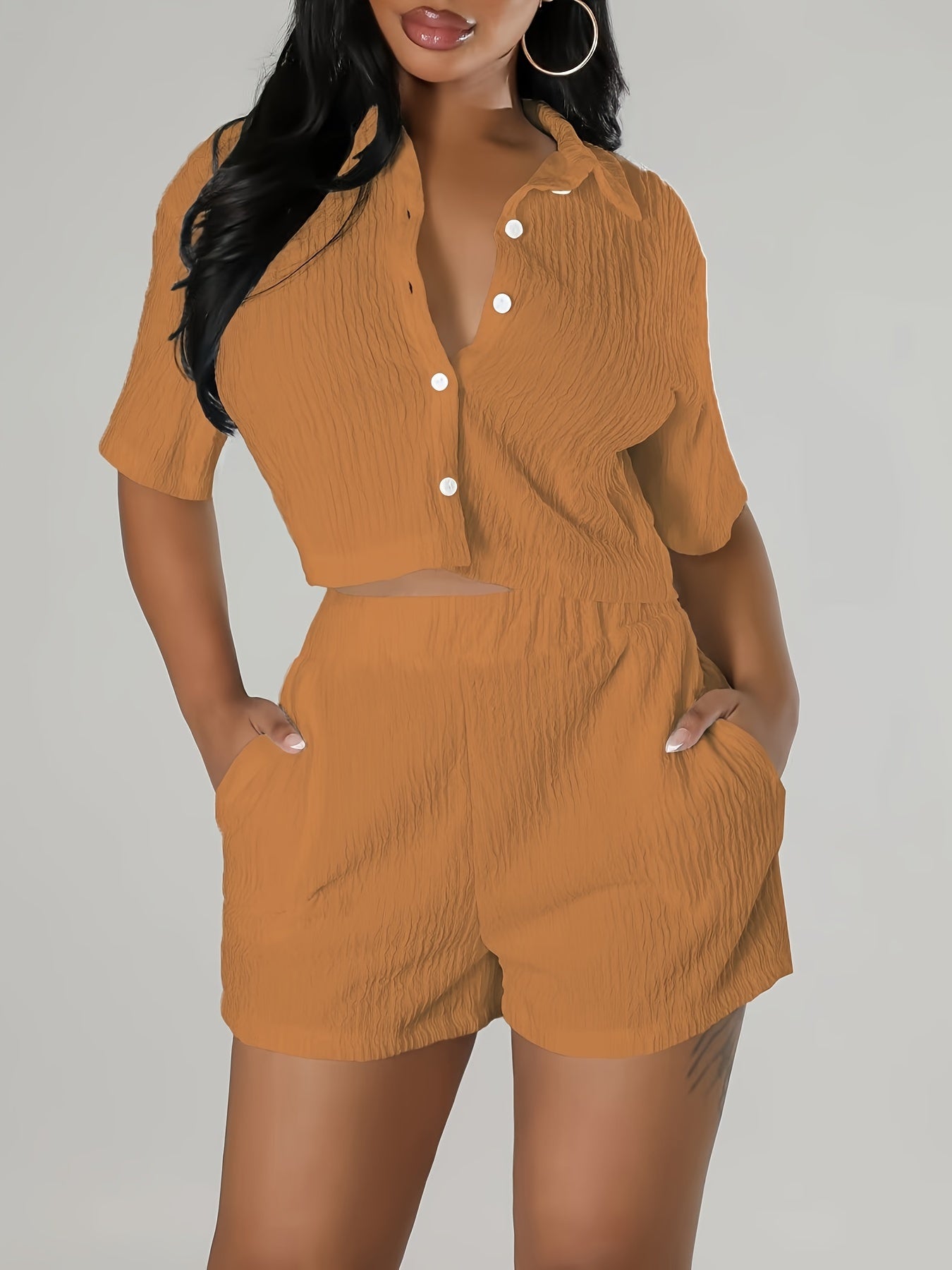 Solid Color Vacation Casual Shorts Set, Button Front Short Sleeve Crop Shirt & Elastic Waist Pocket Shorts Outfits, Women's Clothing