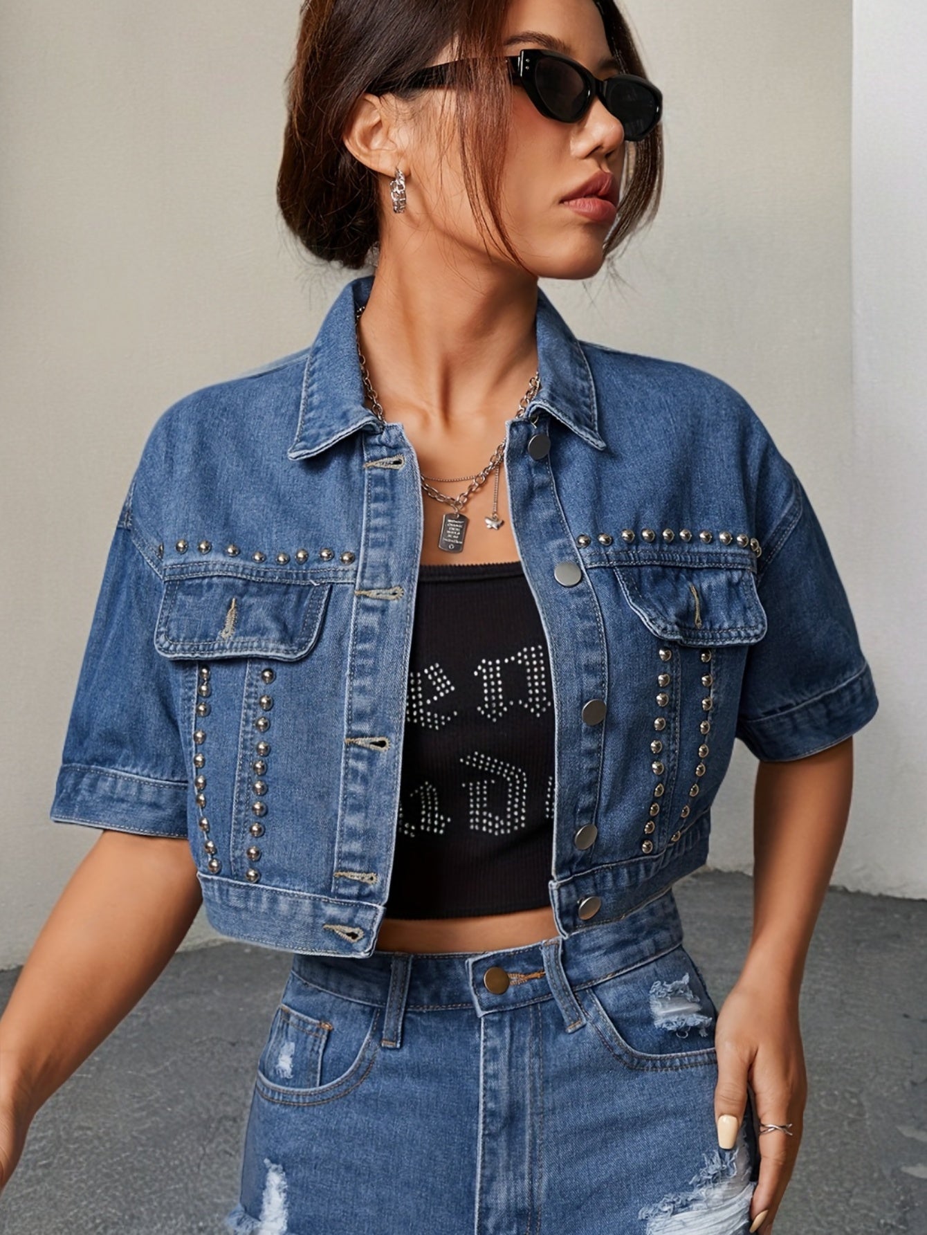 Stylish Denim Top - Sleek Short Sleeves, Eye-Catching Studded Accents, Classic Lapel Collar, Timeless Single-Breasted Design, Relaxed Fit for Everyday Wear - Womens Fashion, Part of Our Denim Collection