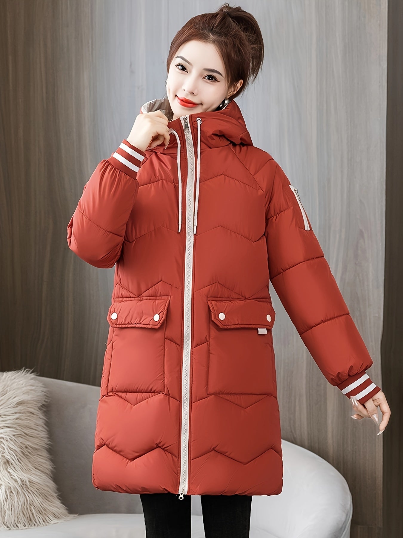 Midi Length Raglan Sleeve Hooded Jacket - Contrast Trim Zipper Front, Flap Pockets, Long Sleeve, Solid Color, Machine Washable, Casual Polyester Outerwear - Womens Clothing