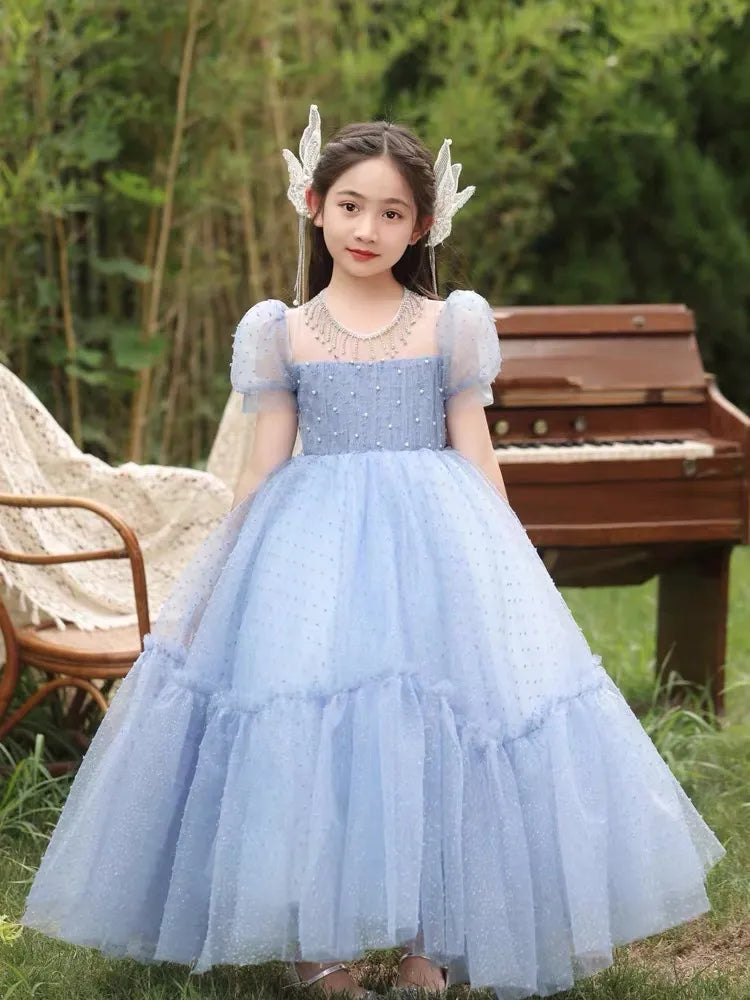 Cute Blue Flower Girls Dresses Long Sleeve Bead Princess Kids Floor Length Bridesmaid Dress Ball Girl Pageant Gown Shiny Bling Birthday Gowns 403