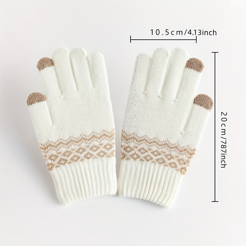 Stylish Jacquard Knitted Gloves Women's Short Elastic Full Finger Touchscreen Gloves Winter Warm Writing Gloves