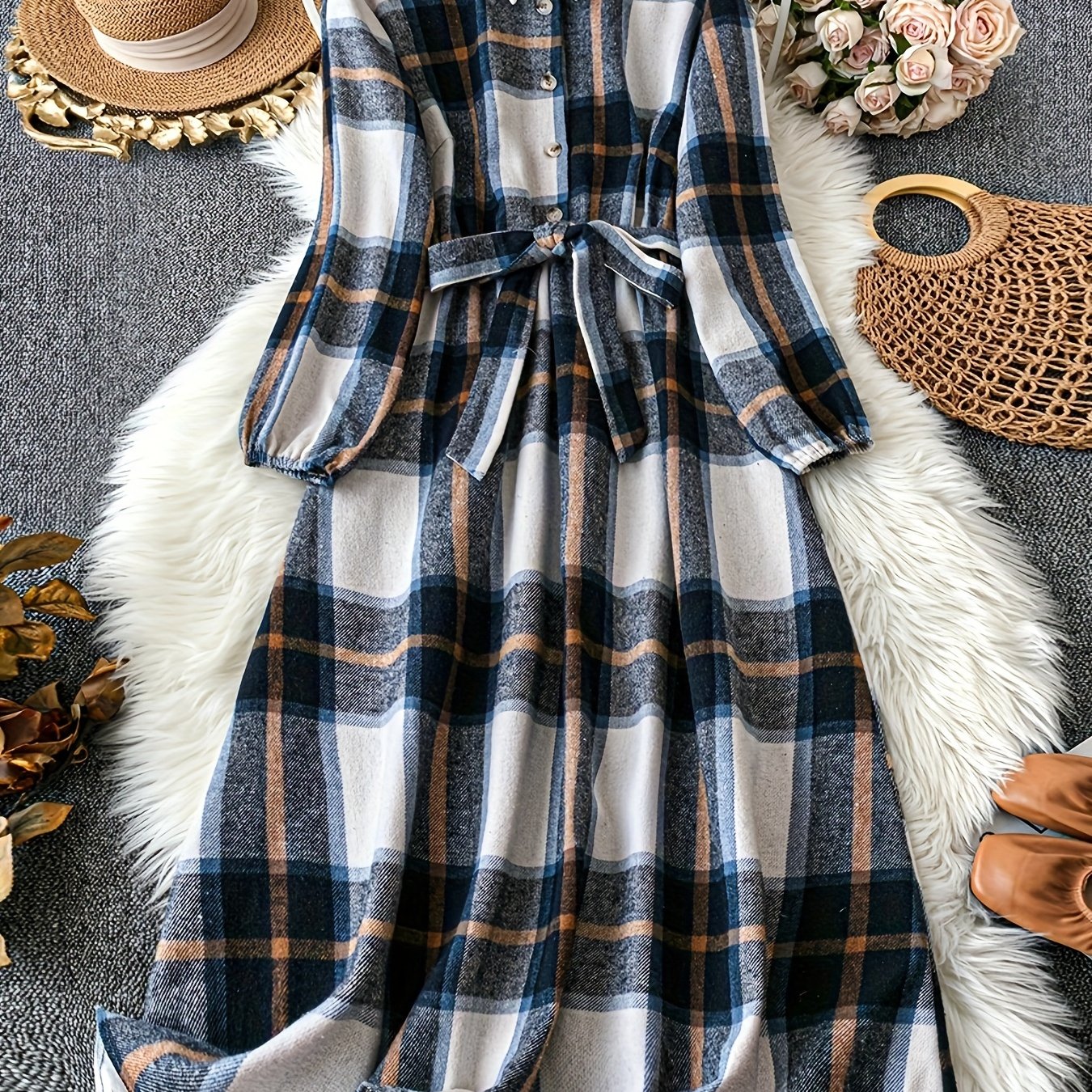 Stylish Plus Size Plaid Pattern Dress - Elegant Long Sleeve Dresses for Women - Fall Fashion, Button Front, Collared, Comfortable, Chic, and Flattering Clothing for Curvy Ladies