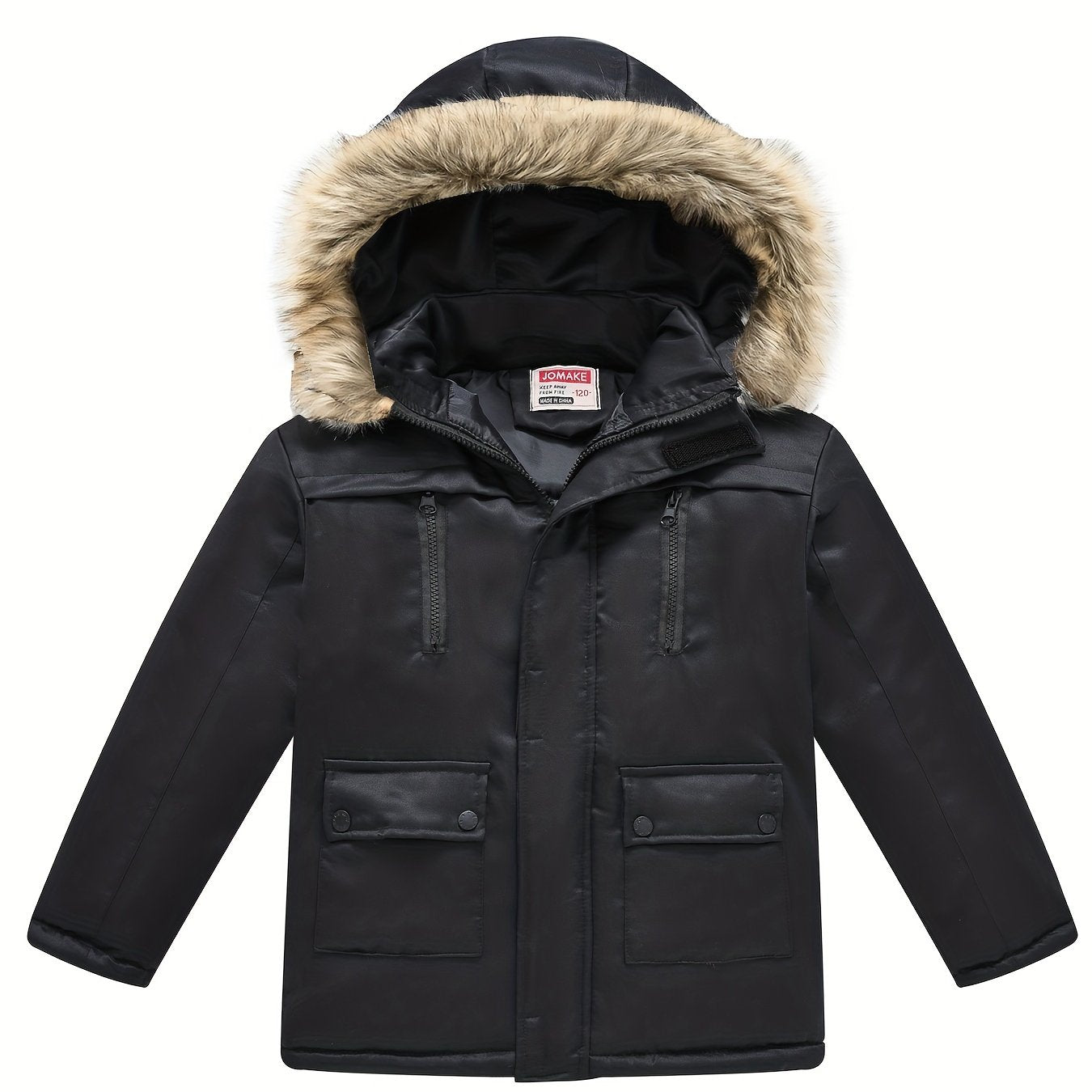 Teenagers Lapel Collar Winter Coat - Detachable Hood, Zipper Closure, Polyester Fabric, Regular Fit, Hand Washable - Solid Color, Casual Style, Woven Construction