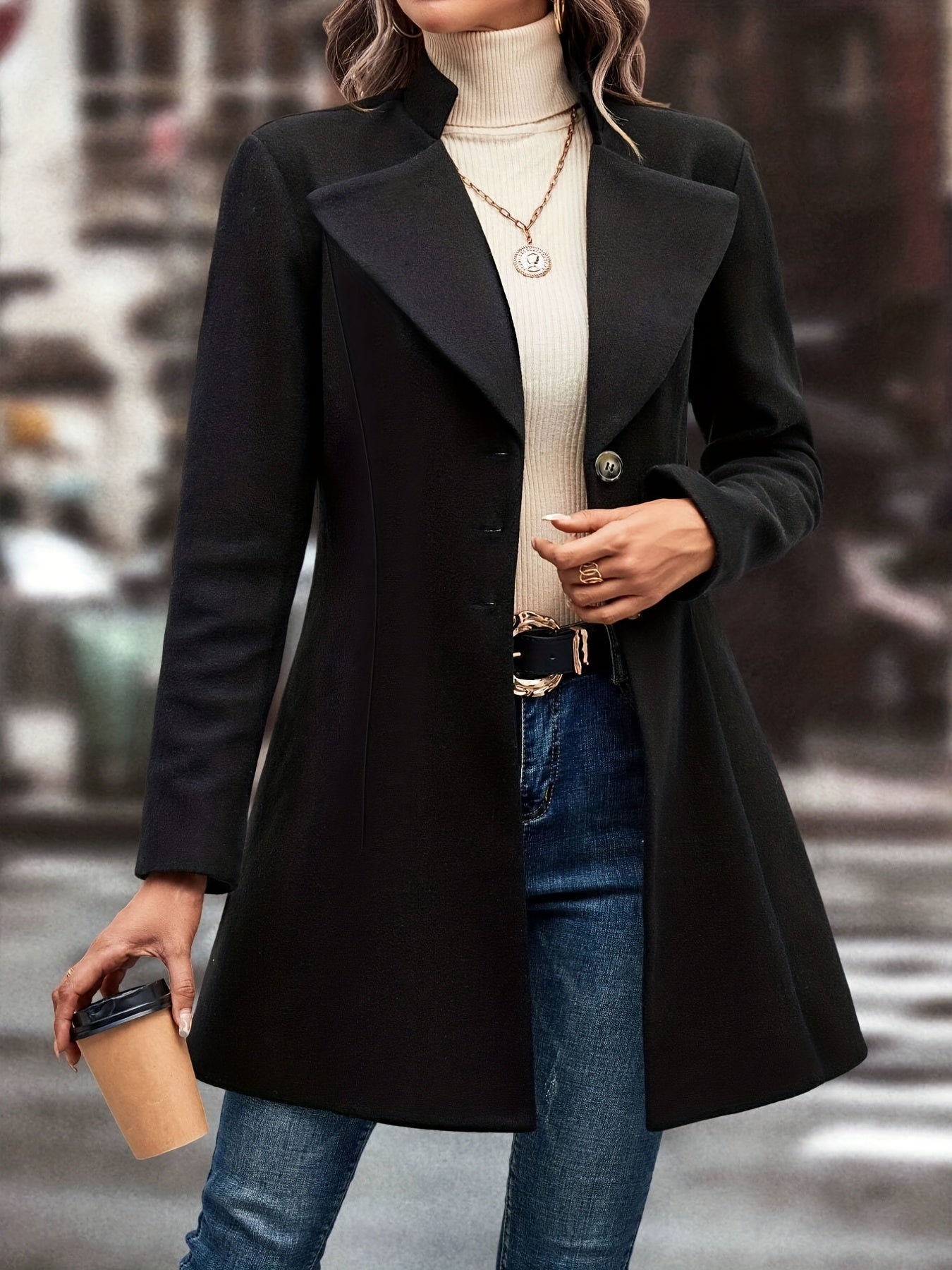 Classic Single Button Lapel Long Sleeve Solid Color Polyester Knit Overcoat - Elegant Winter Outwear with Micro Elasticity and Versatile Style - Perfect for Womens Formal Occasions