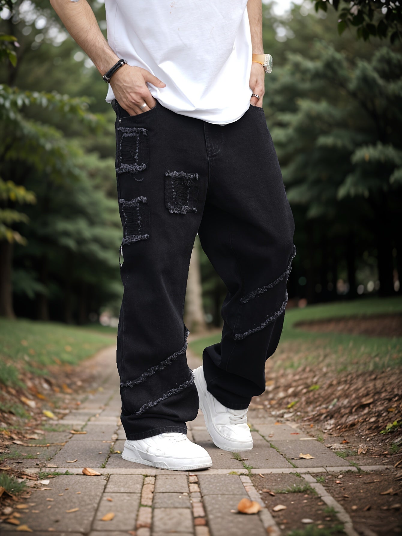 Loose Fit Frayed Hem Denim Jeans for Men - Soft Cotton Blend, Multiple Pockets, Street Style Fashion, Ideal for Outdoor Activities, Casual Daily Wear, and Travel
