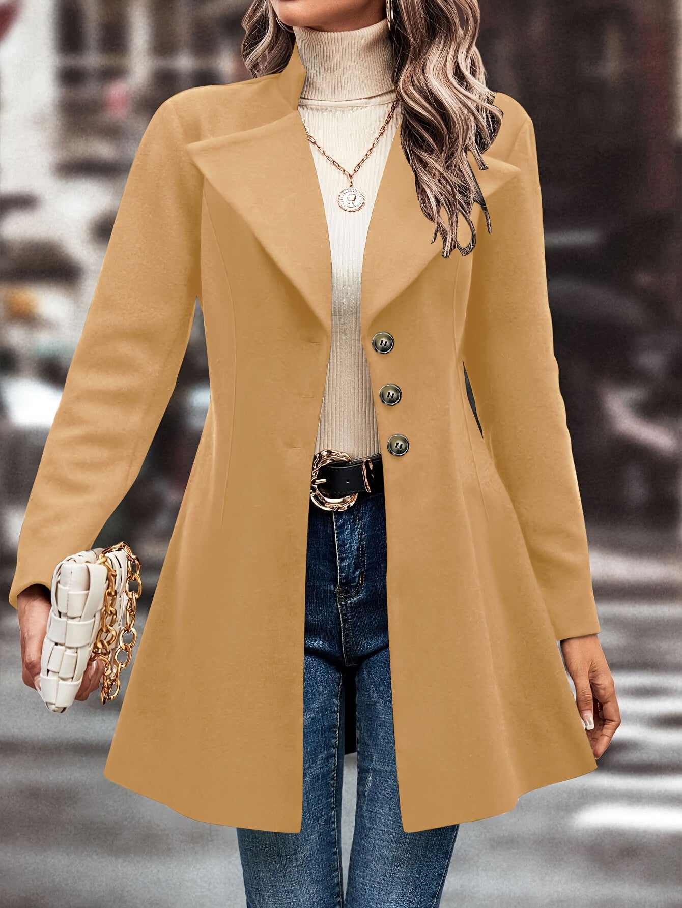 Classic Single Button Lapel Long Sleeve Solid Color Polyester Knit Overcoat - Elegant Winter Outwear with Micro Elasticity and Versatile Style - Perfect for Womens Formal Occasions