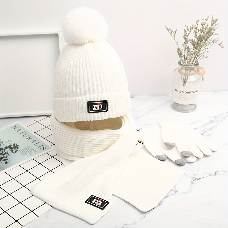 Winter Beanie Scarf Glove Set - 3 Piece Knitted Warm Accessories Kit, Elastic Polyester & Cotton Blend, Crafted Beanie with Pom Pom Detail, Cozy Knit Gloves - Unisex Cold Weather Gear