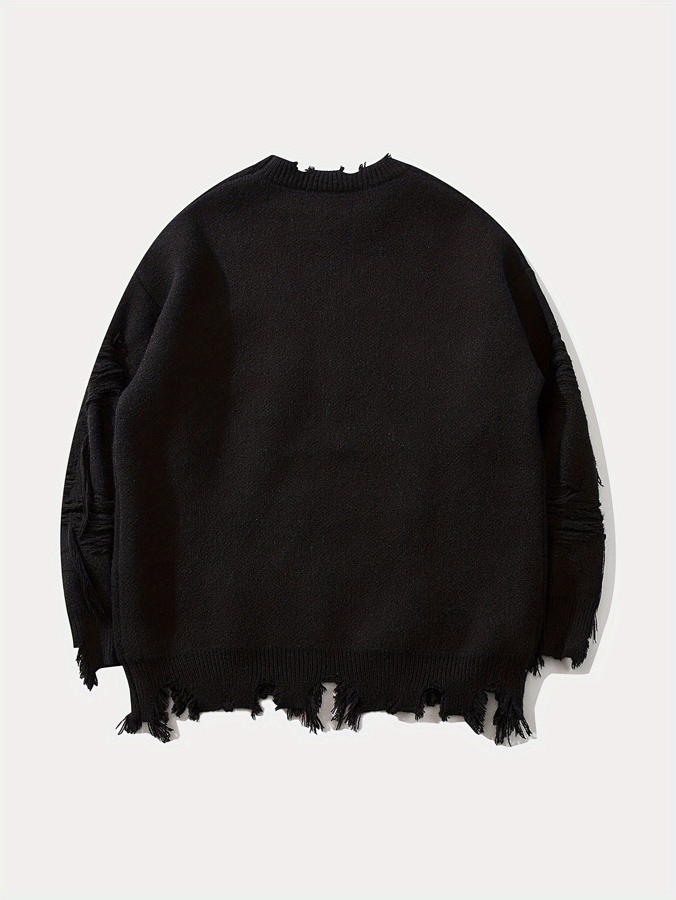 Stylish Letters Pattern Ripped Knitted Pullover Sweater - Breathable, Casual, Long Sleeve, Crew Neck, Soft, Comfortable Top for City Walk, Street Hanging, Outdoor Activities, K-pop Fashion - Perfect for Men's Daily Wear