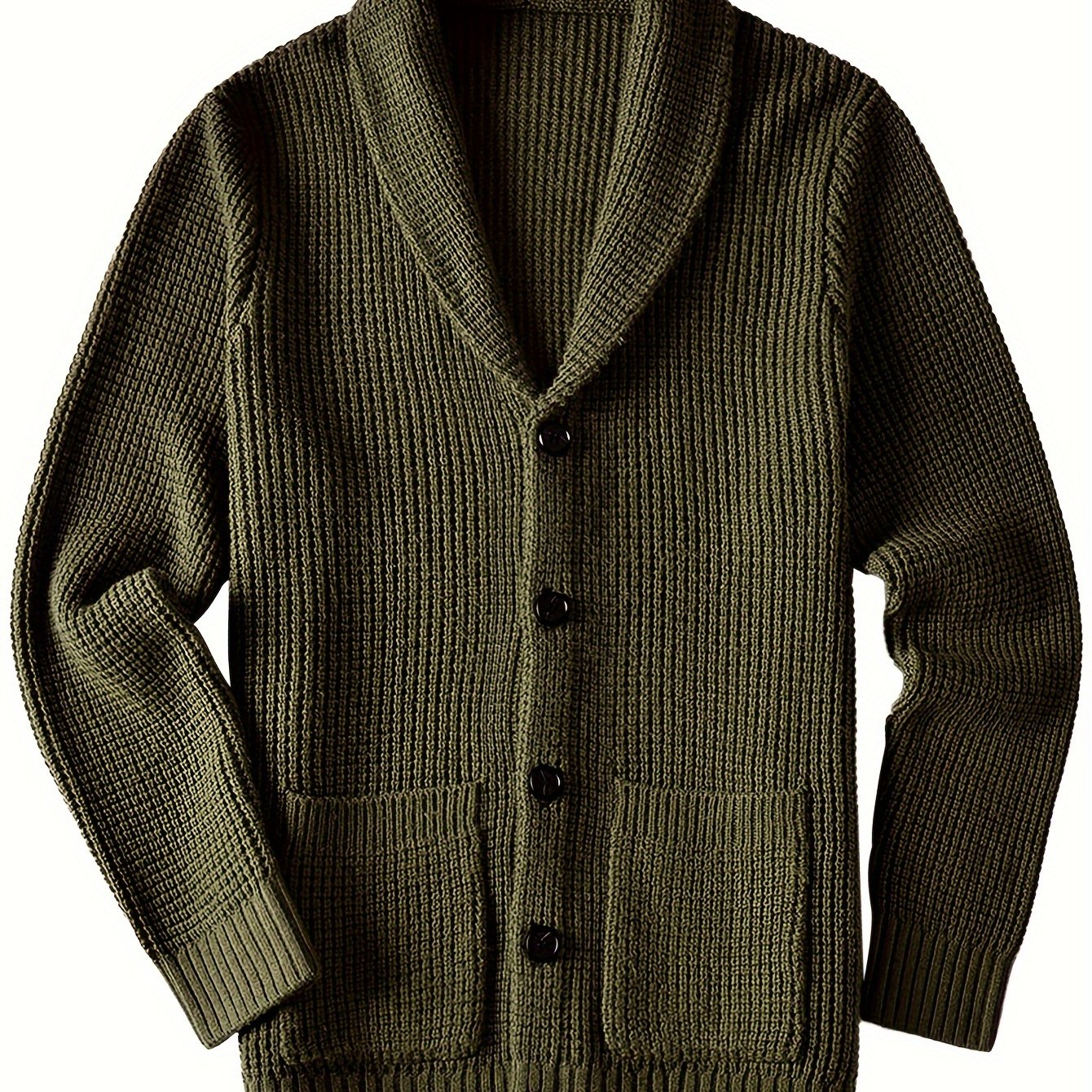 Mens Long Sleeve Green Shawl Collar Solid Color Acrylic Knit Cardigan Sweater with Pocket - Soft, Slight Stretch Fabric, Regular Fit, Placket Closure - Perfect for Fall and Winter Seasons