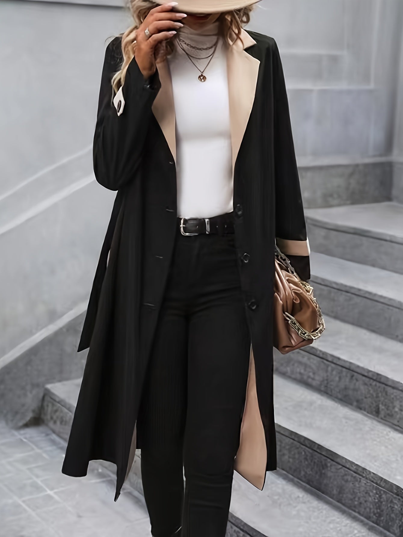 Elegant Women's Single Breasted Mid-Length Trench Coat - Classic Belted Lapel Neck Long Sleeve Open Front Outerwear for Chic Style - Water-Resistant, Windproof, and Versatile Clothing for Daily Life
