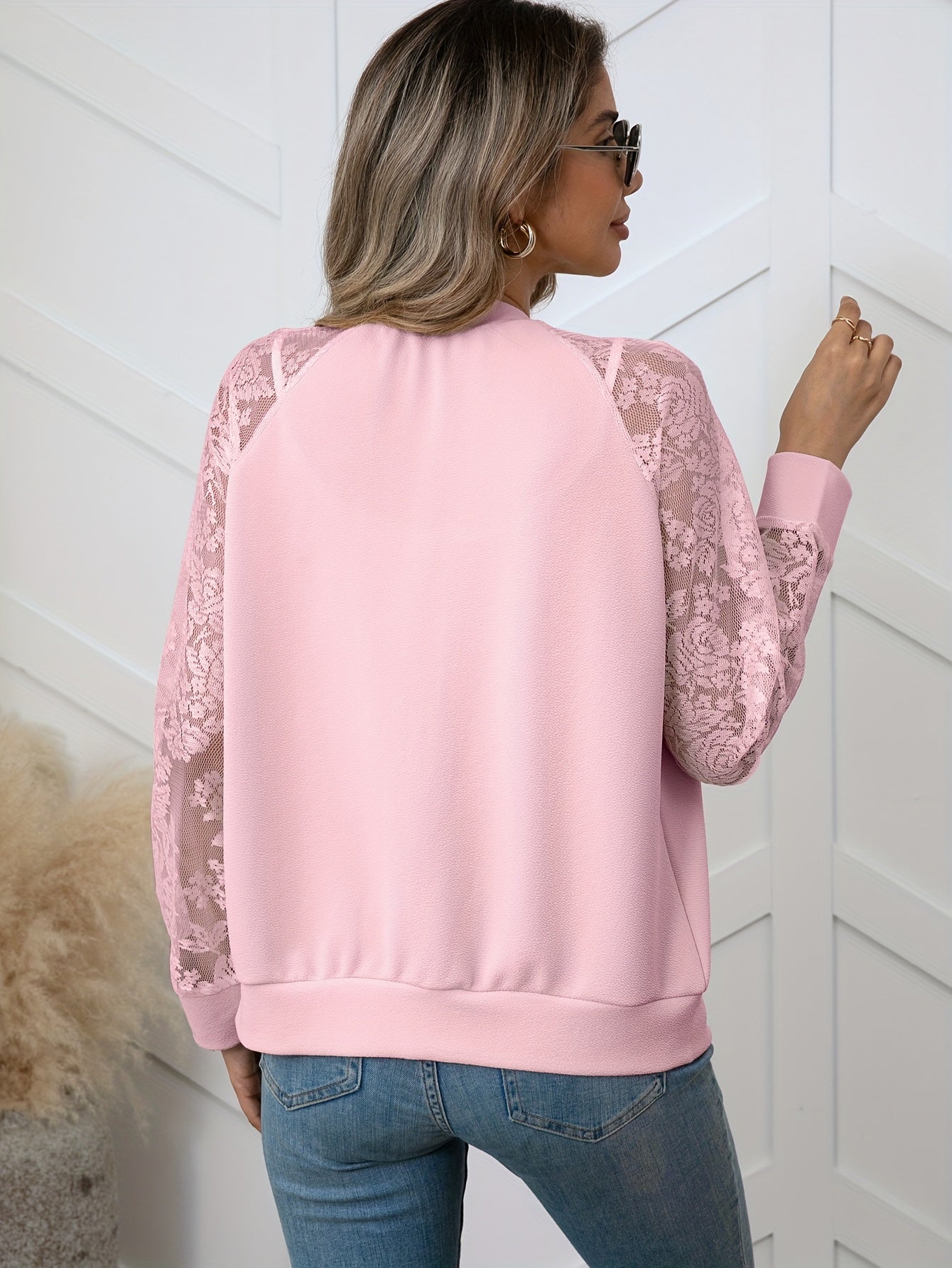 Stylish Contrast Lace Zip-Up Jacket - Water-Resistant, Breathable, Elegant Baseball Outwear for Spring and Fall Seasons - Women's Fashion Clothing for Everyday Wear