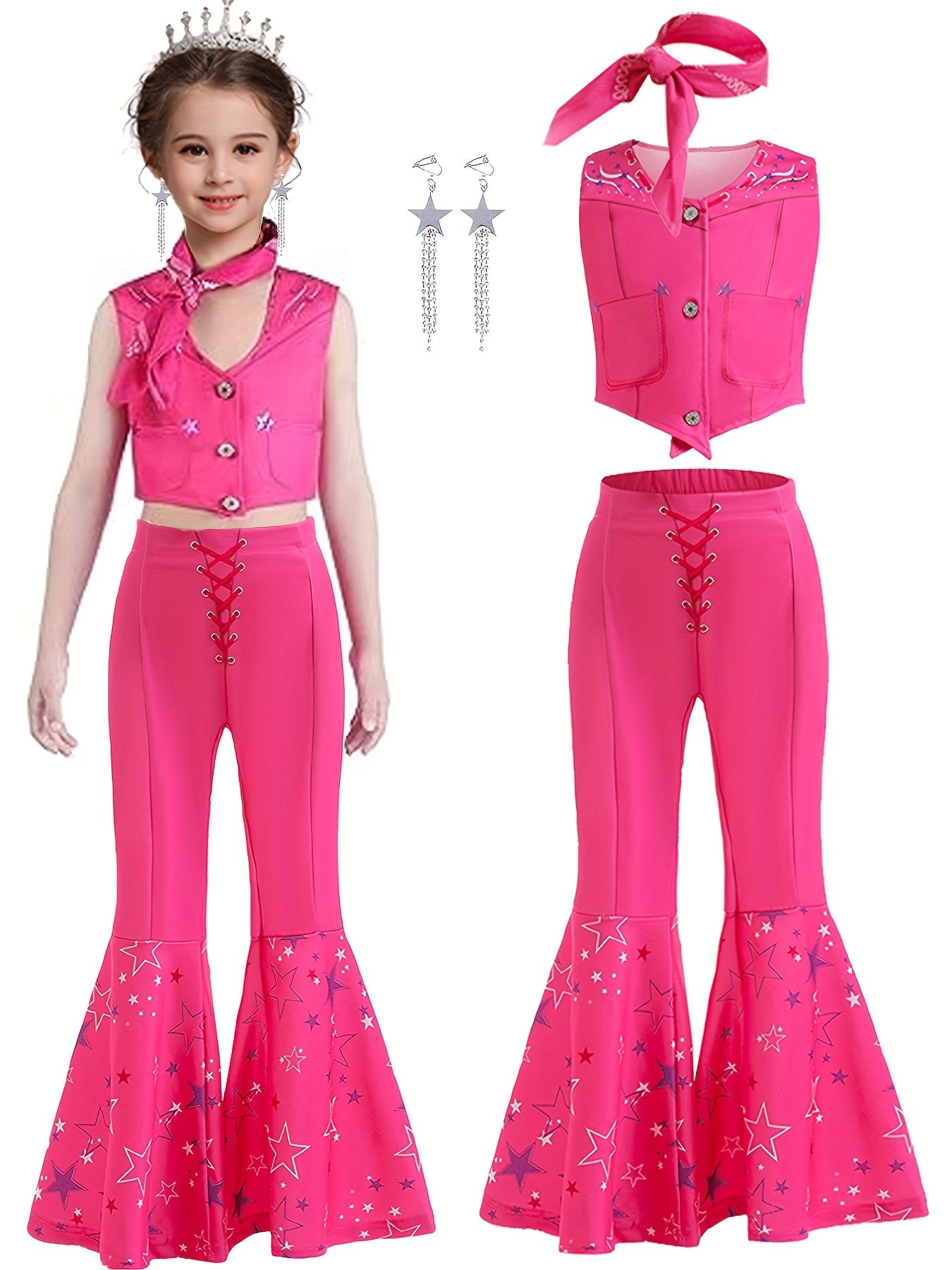 Kid's Movie Doll Cosplay Costume, Vest & Flared Pants & Accesssories, Girl's Cowgirl Dress Up Suit For Halloween Party