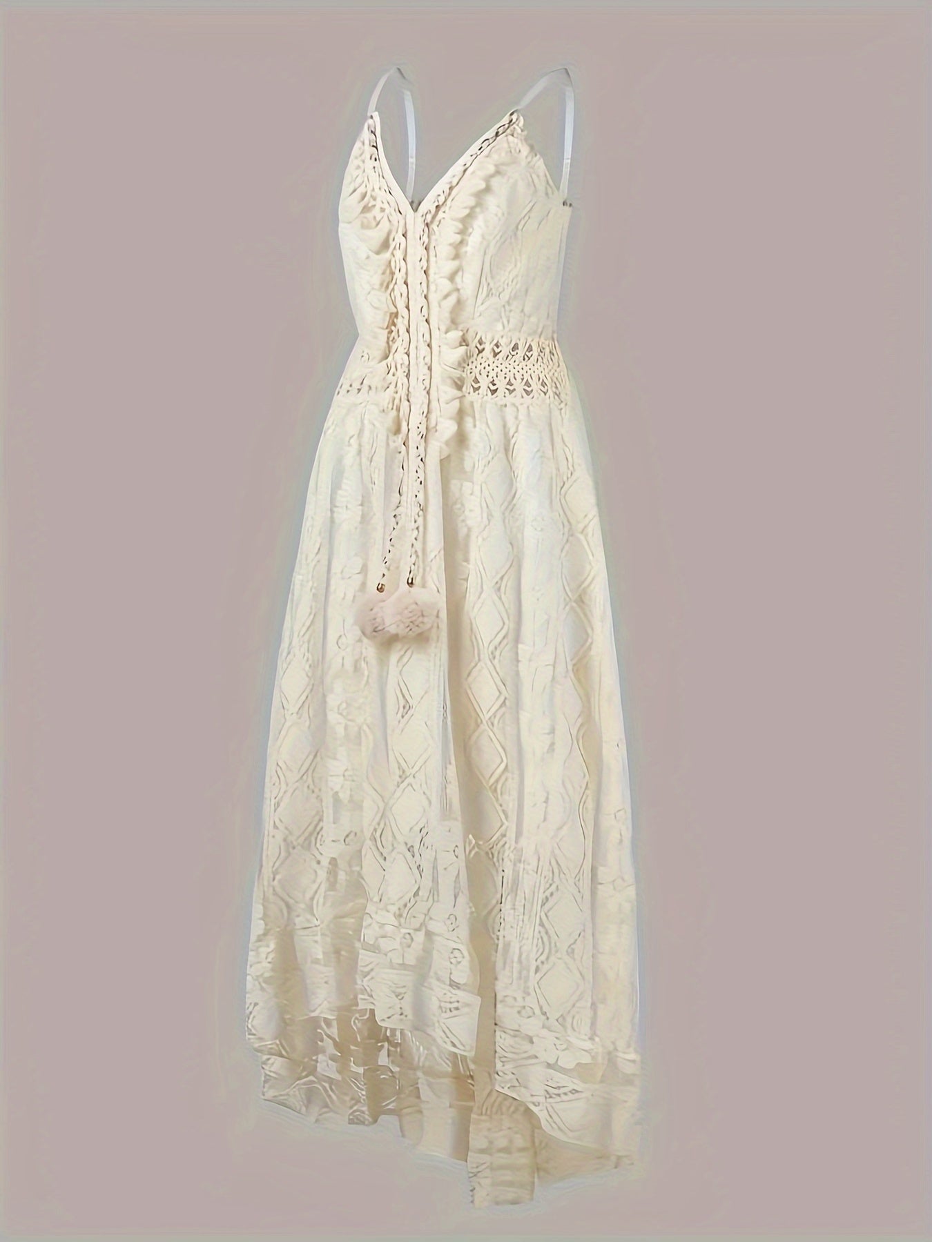 Chic Sleeveless Lace Cami Dress - Elegant Dipped Hem & Tassel Detail - Versatile for Evening & Casual Wear