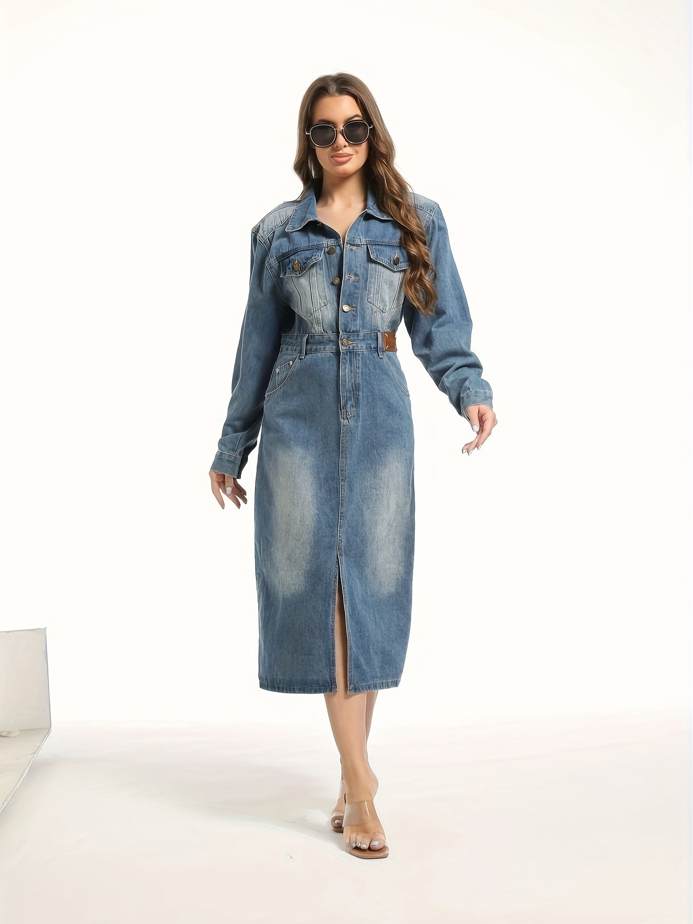 Split Hem Single-breasted Long Sleeve Denim Dress, Lapel Washed Blue Retro Elegant Denim Dress, Women's Denim Jeans & Clothing