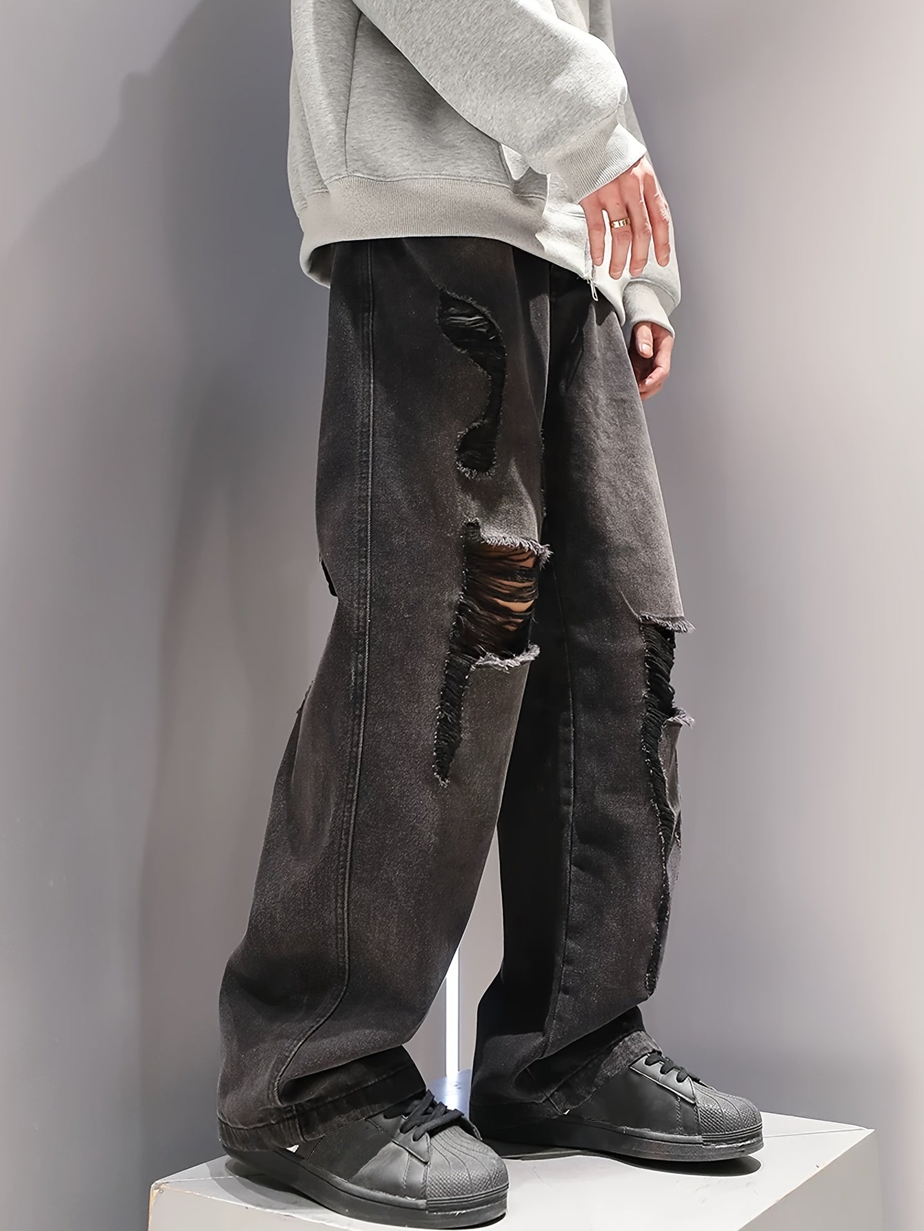 Men's Loose Fit Wide Leg Ripped Jeans, Men's Stylish Comfy Denim Pants, Street Style Fashion