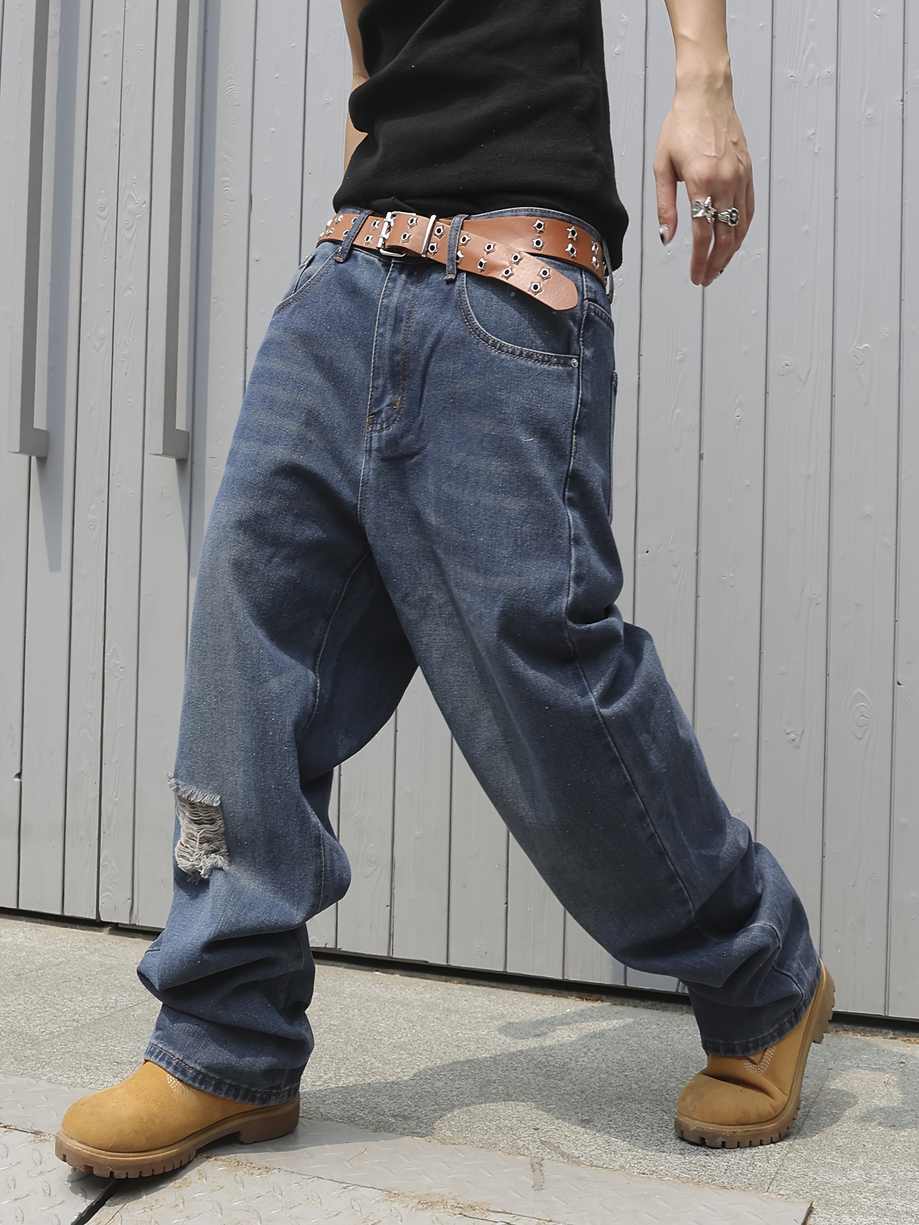 Men's Cotton Blend Chic Daily Ripped Baggy Jeans, Hip Hop Style Loose Fit Streetwear Denim Jeans