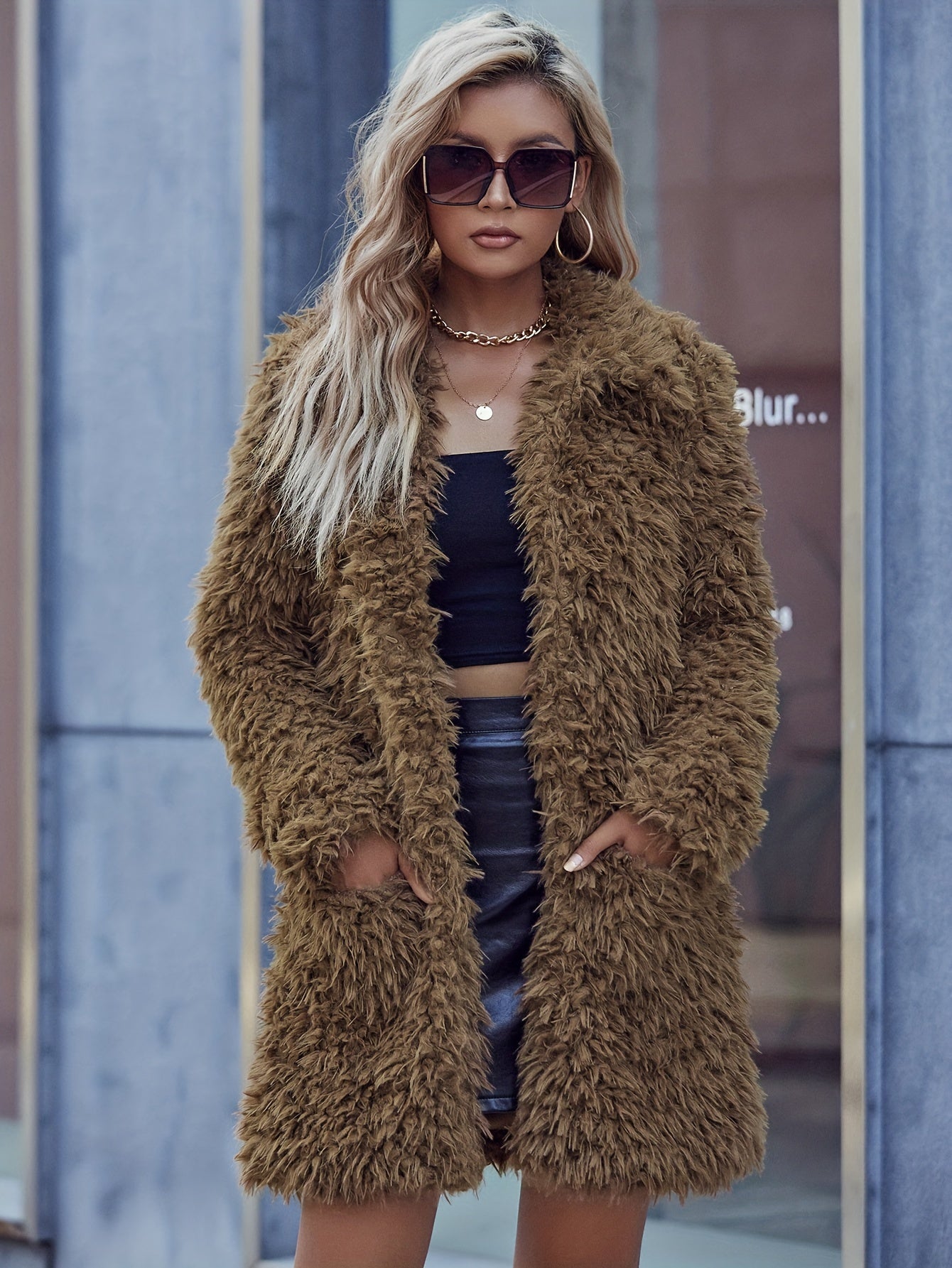 Luxurious Faux Fur Plush Jacket - Warm Long Sleeve Winter Coat for Women with Pockets - Soft, Casual, and Stylish Outerwear for Cold Weather