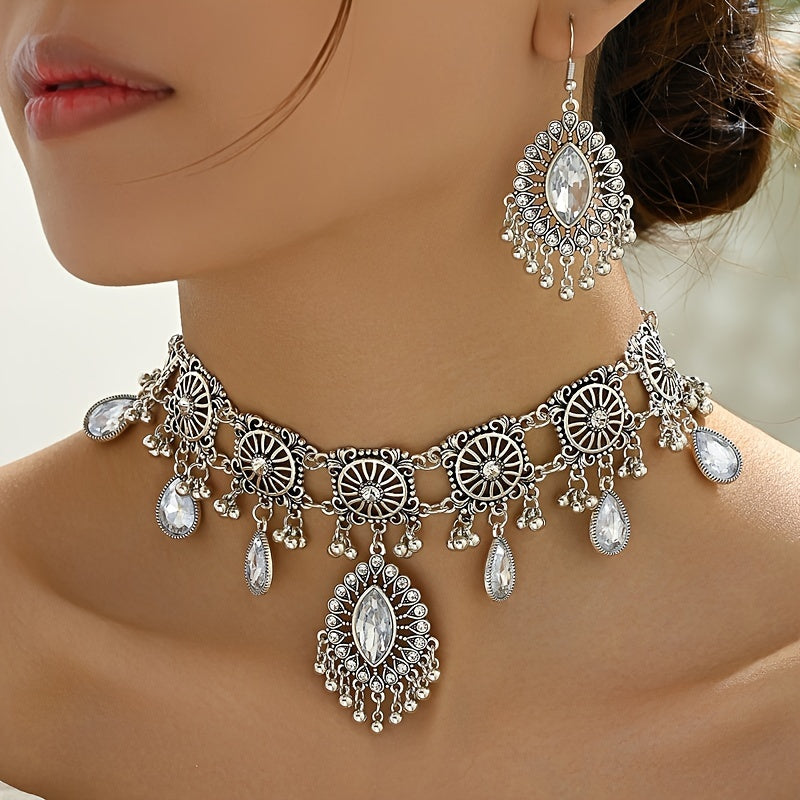 Enchanting Vintage Floral Gemstone Jewelry Set - Dazzling Dangle Earrings & Necklace - Premium Silver Plated, Ethnic Style - Perfect Womens Gift for Eid or Any Special Occasion