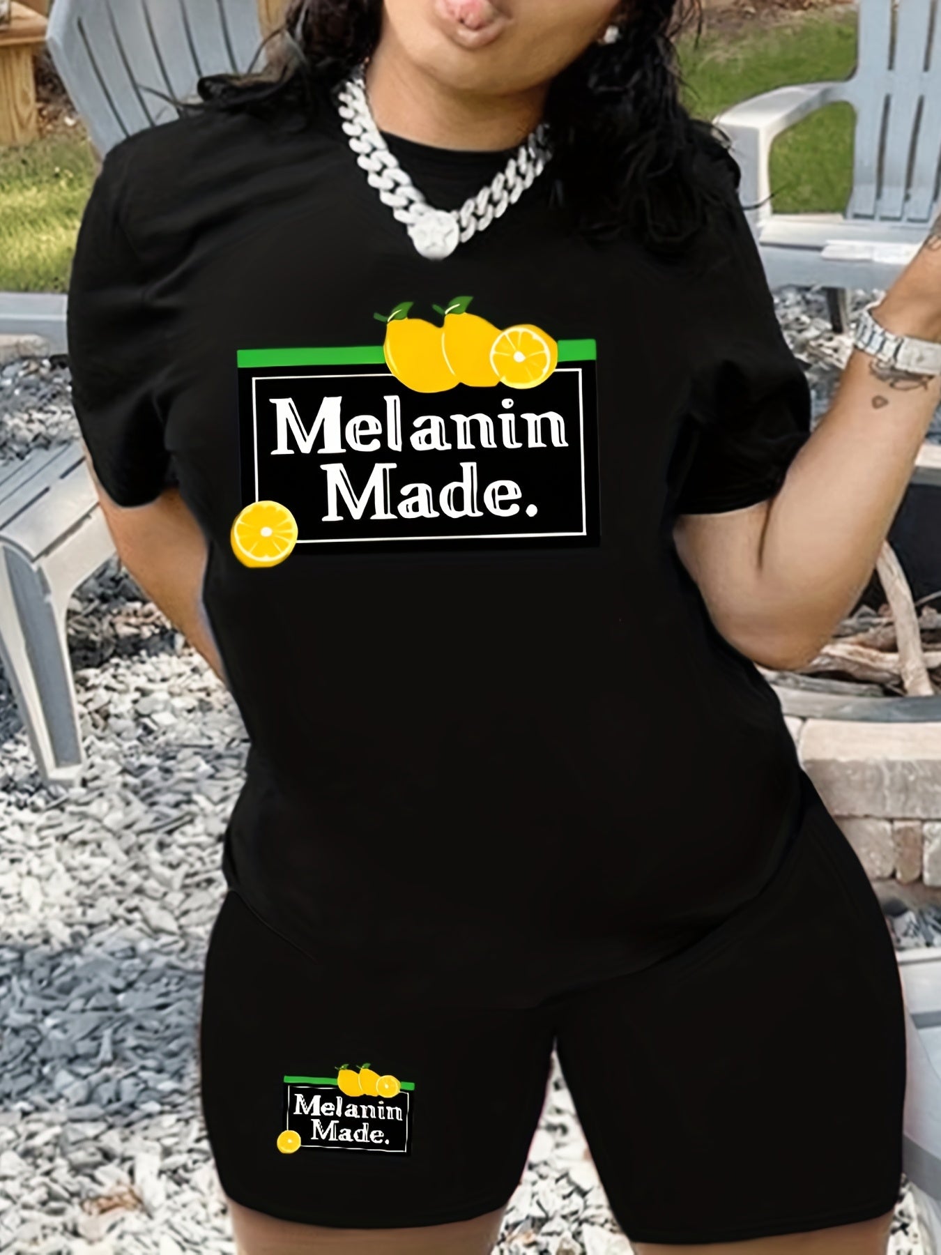 Vibrant Melanin Two-Piece Set - Short Sleeve Mock Neck T-Shirt with Casual Letter & Lemon Print, Elastic Waist Sporty Shorts for Women - Comfortable, Breathable, and Stylish Summer Outfit