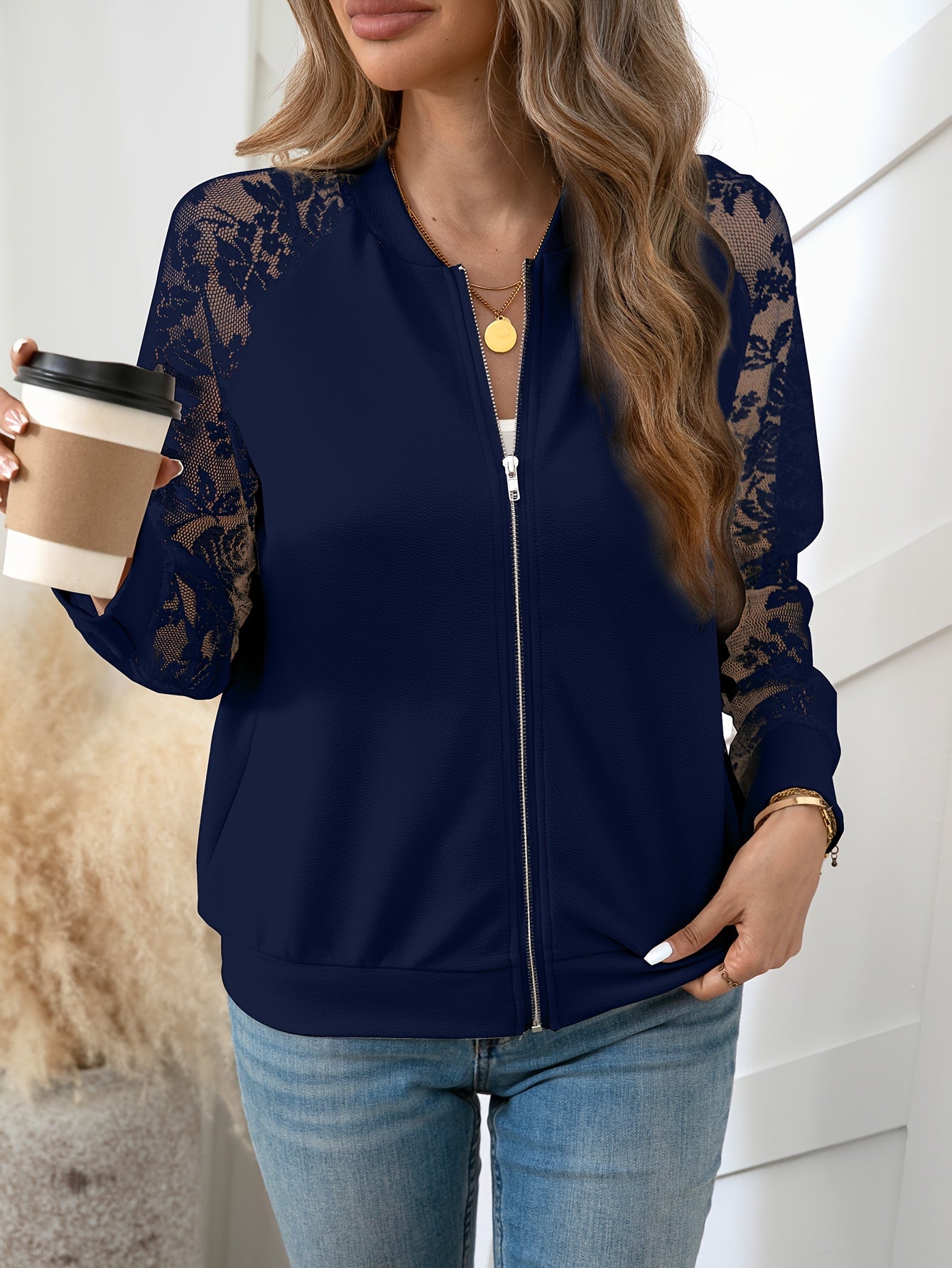 Stylish Contrast Lace Zip-Up Jacket - Water-Resistant, Breathable, Elegant Baseball Outwear for Spring and Fall Seasons - Women's Fashion Clothing for Everyday Wear