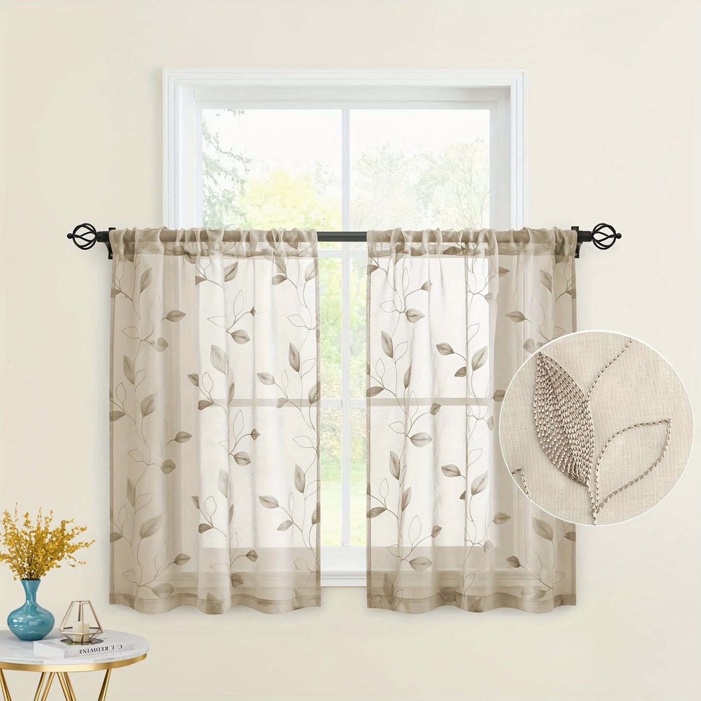 2pcs Sheer Curtains With Embroidery Leaf Pattern, Rod Pocket Faux Linen Floral Semi Curtains Voile Window Curtains Kitchen Curtains, Drapes for Bedroom Living Room
