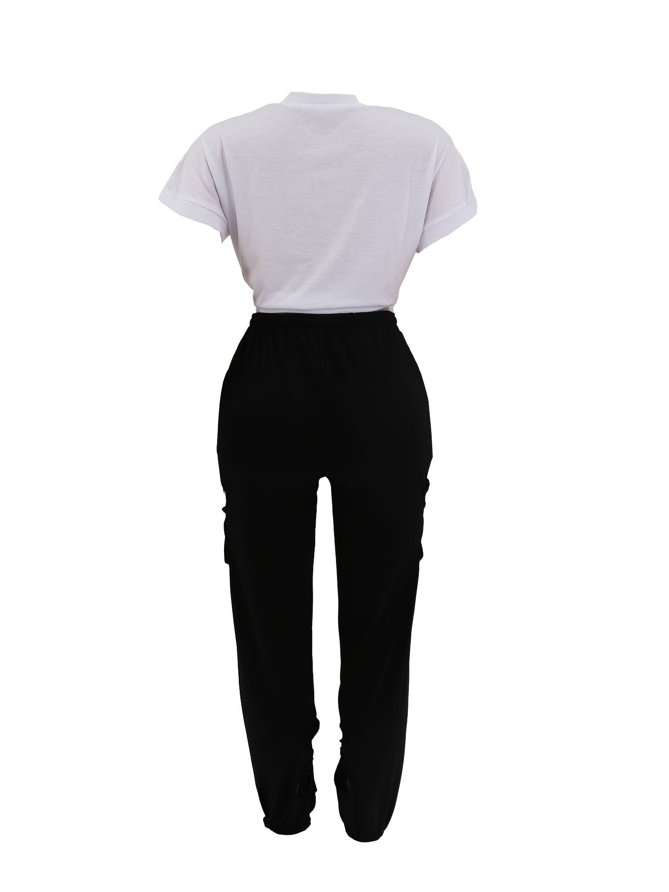 Two-Piece Chic Outfit Set - Short Sleeve Tie Front Tee, Cut Out Clover High Waist Pants, Comfortable, Breathable, Relaxed Fit, Women's Casual Clothing for Daily Wear