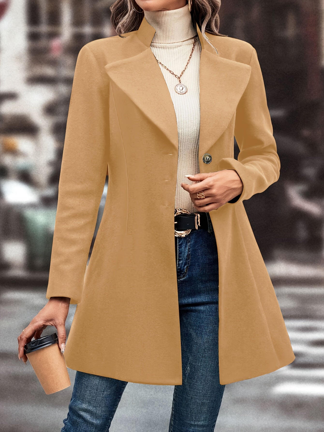 Classic Single Button Lapel Long Sleeve Solid Color Polyester Knit Overcoat - Elegant Winter Outwear with Micro Elasticity and Versatile Style - Perfect for Womens Formal Occasions