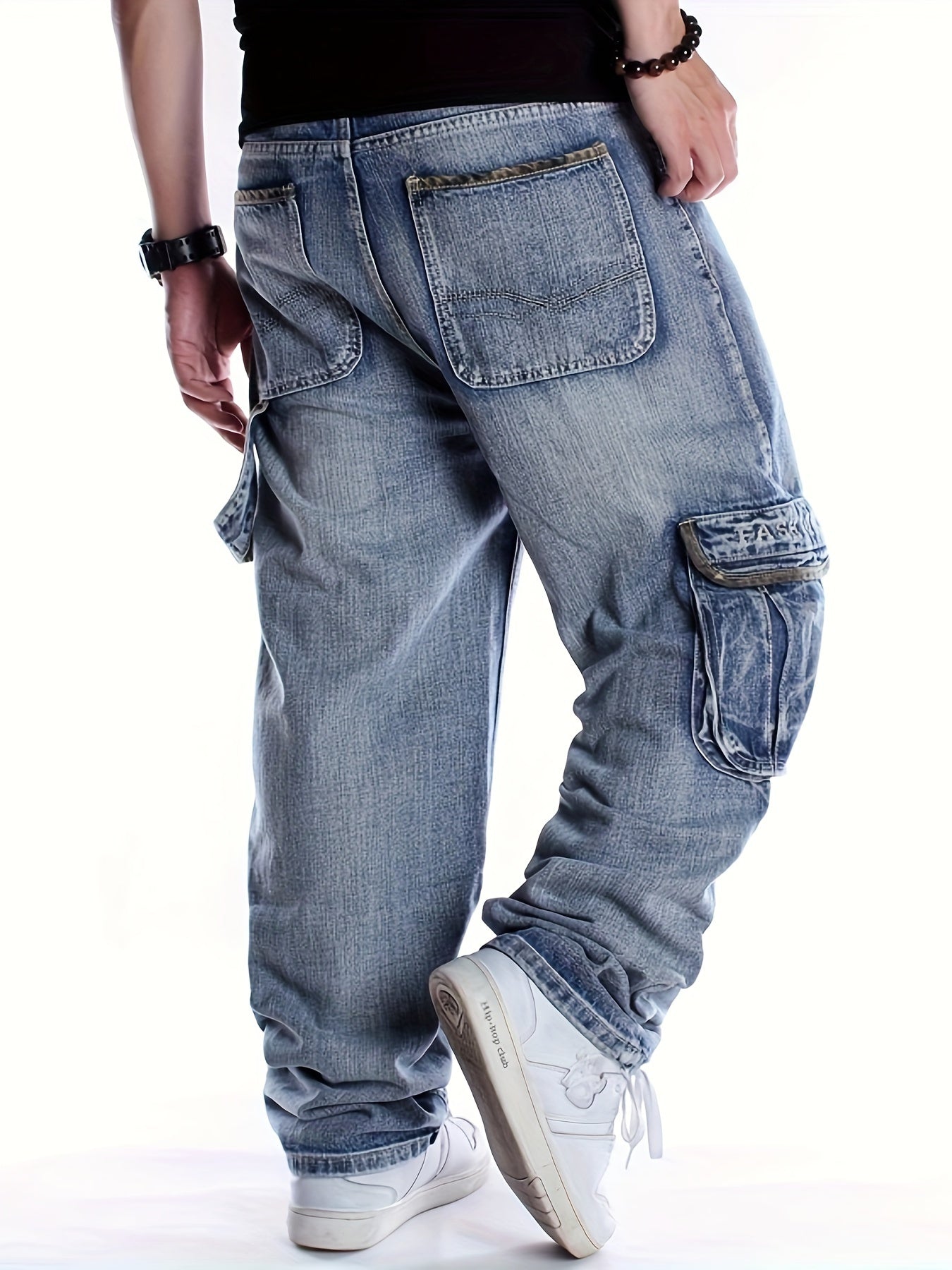 Plus Size Men's Fashionable Multi-Pocket Straight Leg Jeans - Stylish Street Dance and Skateboard Wear with Loose Fit, Round Neck, and Hip Hop Inspiration - Daily Wear for Casual Occasions