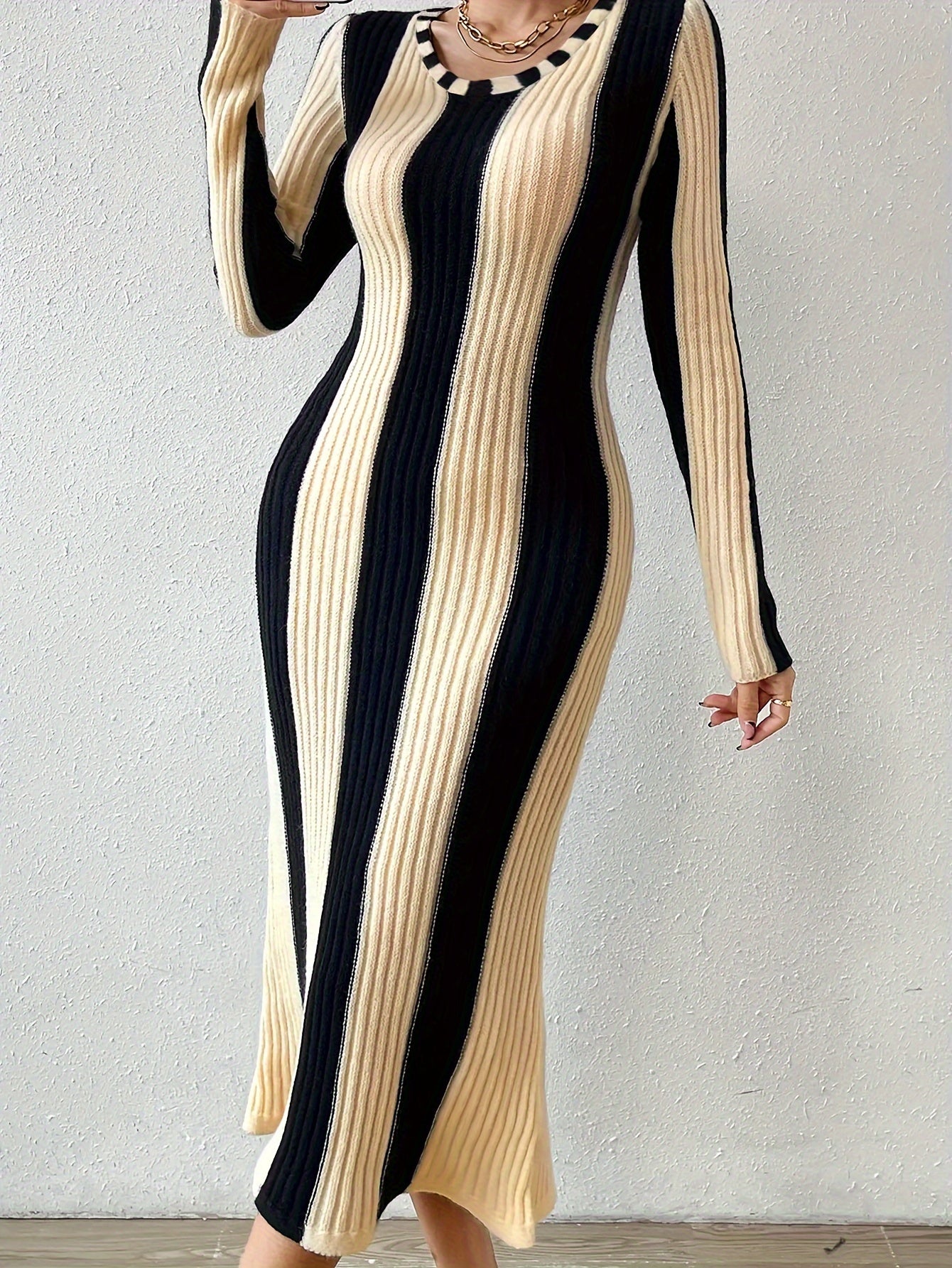 Elegant Striped Bodycon Dress | Fall/Winter Chic Long Sleeve Color Block - Rib-Knit, Crew Neck, Warm Acrylic Blend