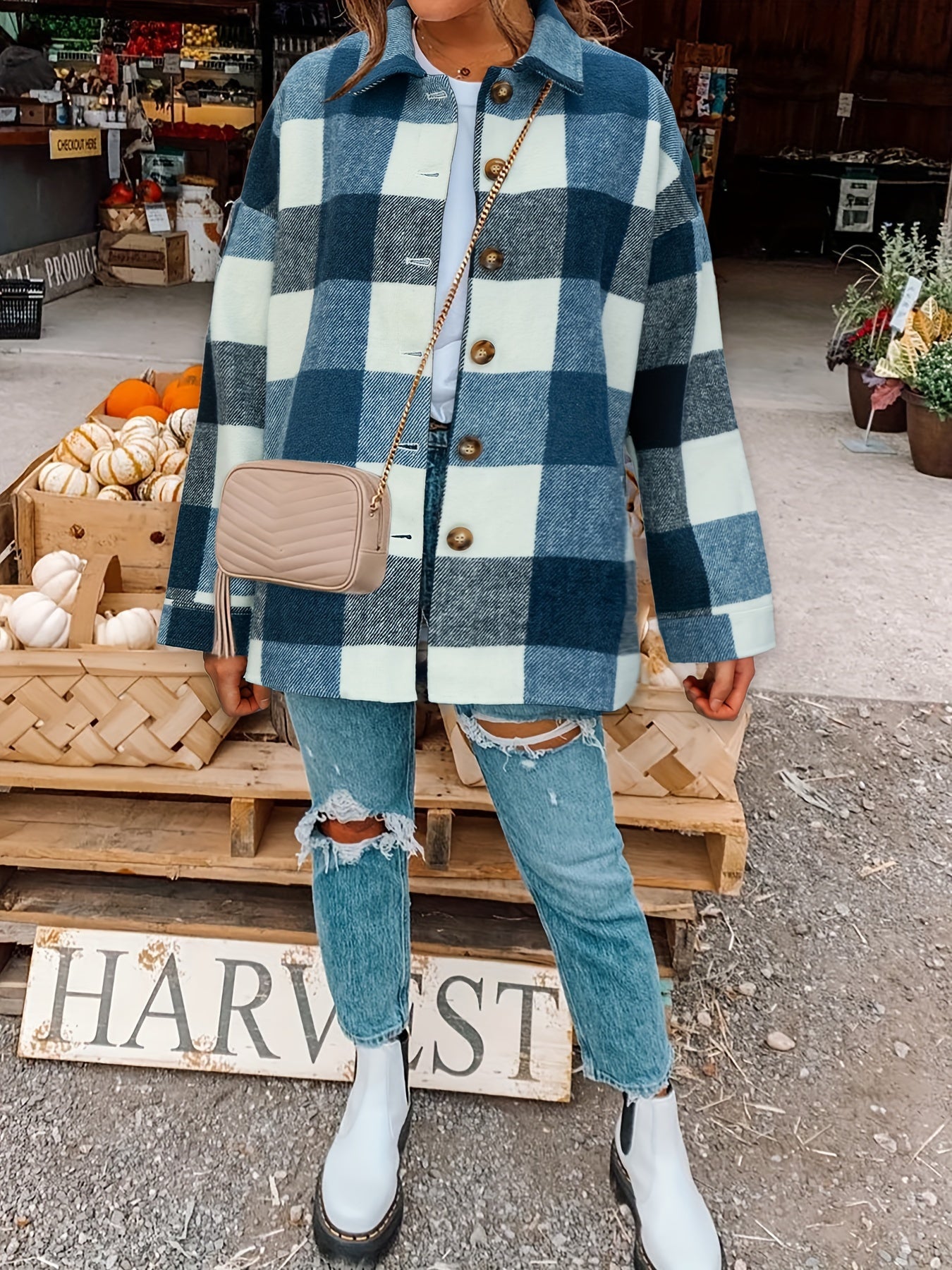 Plaid Shacket with Lapel Collar - Soft Slight Stretch Tweed Fabric, Loose Fit, Micro Elasticity, Random Printing, Perfect for Fall & Winter - Womens Casual Long Sleeve Bomber Jacket