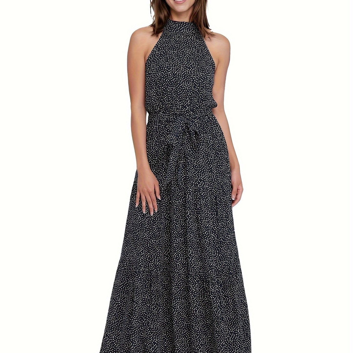 Polka Dot Halter Neck Maxi Dress, Elegant Sleeveless Belted Dress For Spring & Summer, Women's Clothing