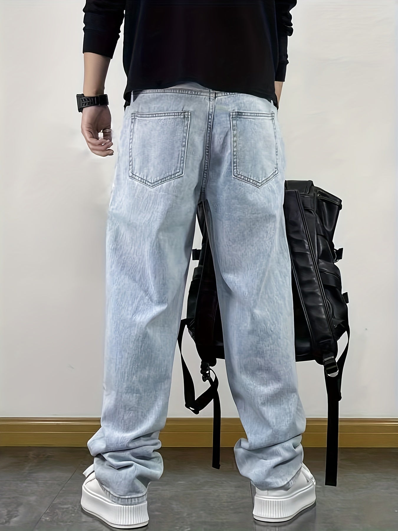 Men's Street Style Loose Fit Denim Jeans - Washed Solid Color Extra Long Straight Leg Trousers, Cotton 75%, Polyester 25%, Non-Stretch, All-Season Woven Fabric