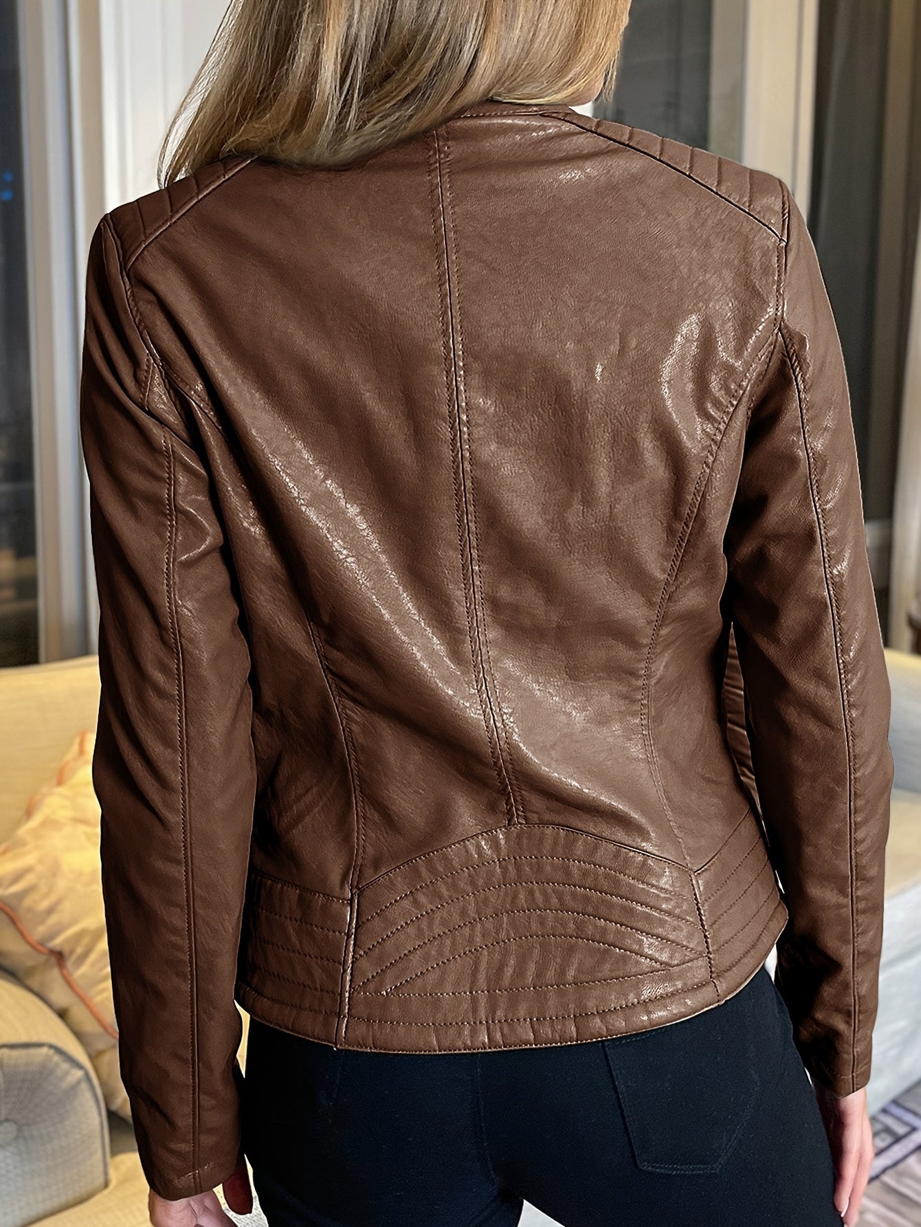 Stylish Faux Leather Biker Jacket - Long Sleeve, Zip-up, Two Zip Pockets, Perfect for Spring and Fall, Women's Fashion Clothing for Everyday Wear