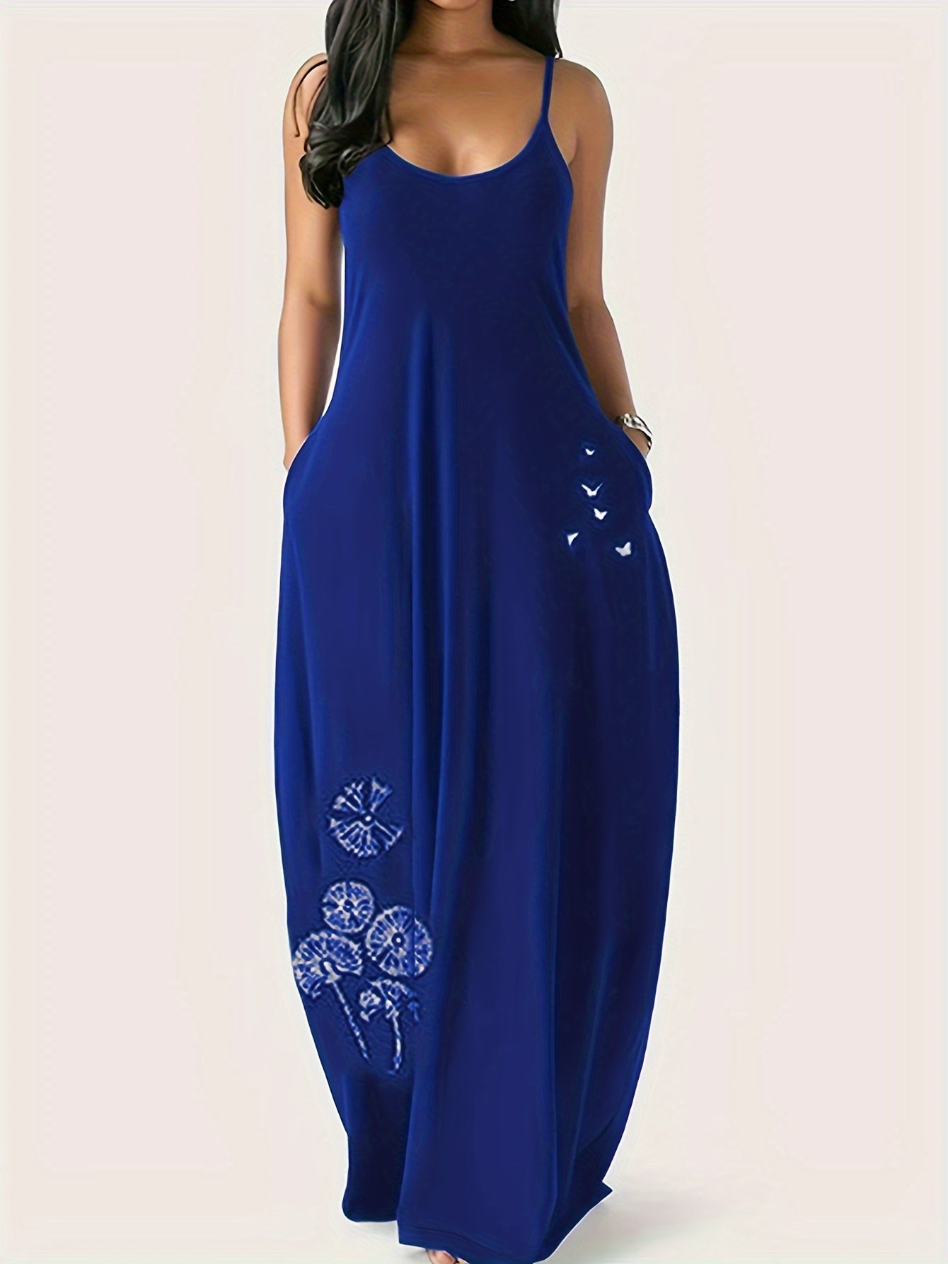 Vibrant Dandelion Print Maxi Dress - Soft Polyester, Spaghetti Strap, Casual, Micro Elasticity, Positioning Printing, Summer Essential for Women