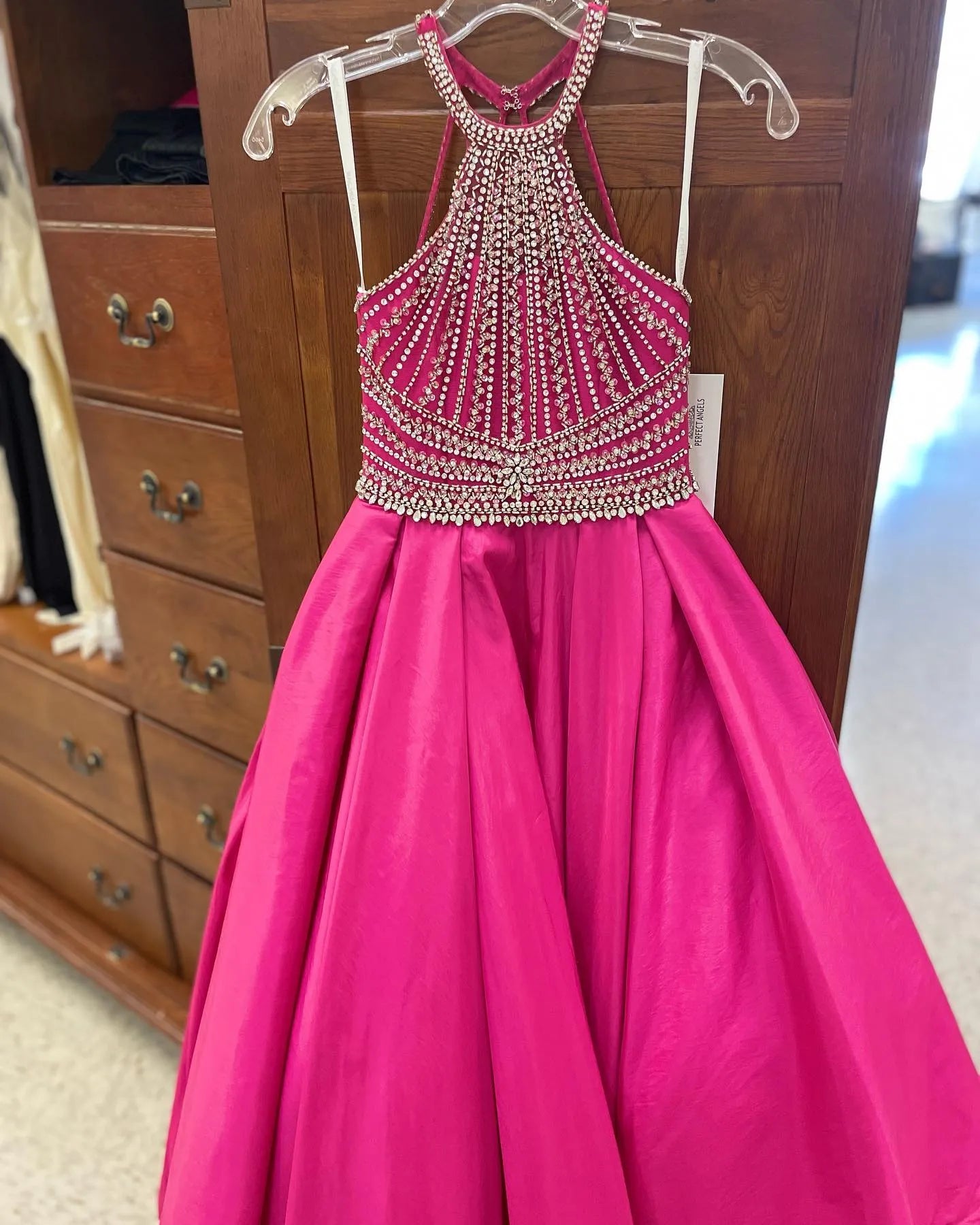Little Miss Pageant Dress for Teens Junior Toddler Beading AB Stones Crystal Long Girl Pageant Gown Formal Party Runway Red Carpet ritzee Fuchsia Taffeta Halter